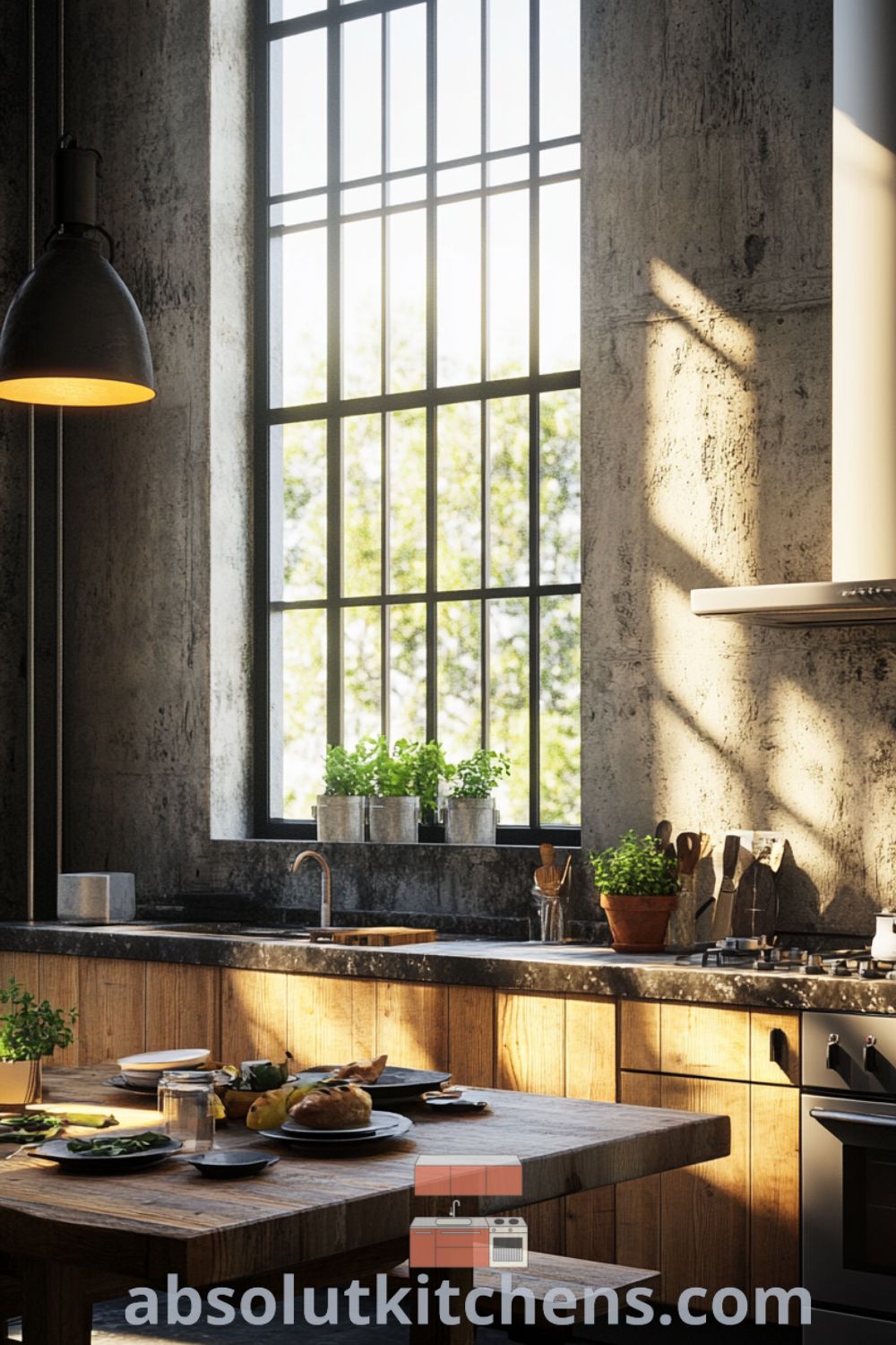 Industrial kitchen design on absolutkitchens.com featuring rich wooden cabinetry, cozy aesthetic, and decor ideas for small spaces.