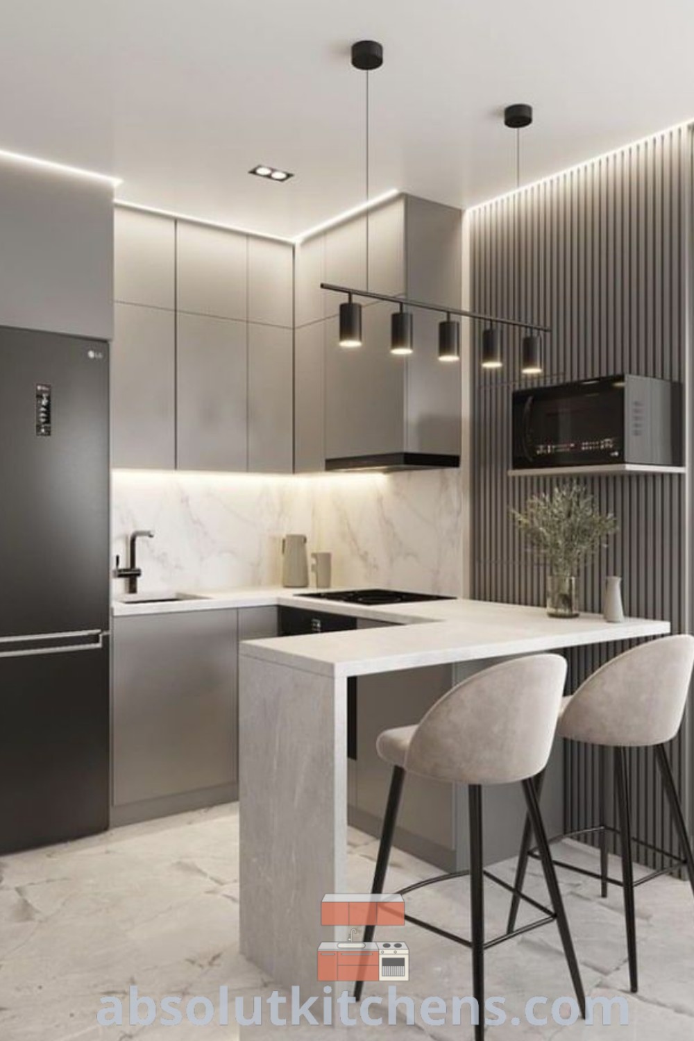 A modern minimalist kitchen showcasing sleek kitchen tiles and island features, designed for small spaces. This cozy home decor emphasizes smart storage with stylish cabinets and pantry ideas, offering unique design inspirations for efficient living. Explore more decor ideas at wellnesswink.com.