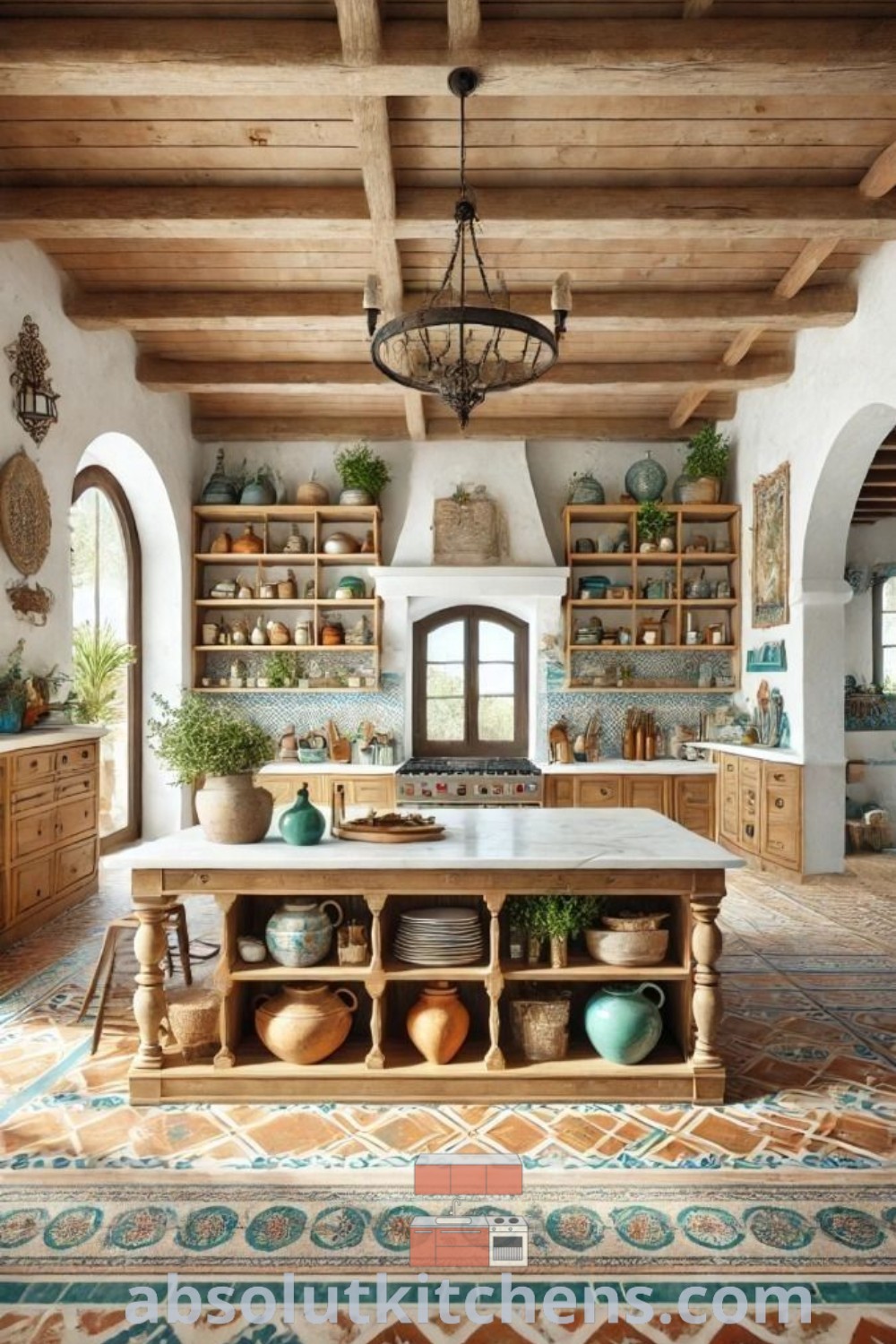 A beautiful Mediterranean kitchen with Spanish kitchen cabinets, a central island surrounded by potted plants, and rustic tiles. Ideal design ideas for those seeking cozy aesthetics and inspiring decor for house or apartment, featuring modern Mediterranean kitchen design elements. Discover more at absolutkitchens.com.