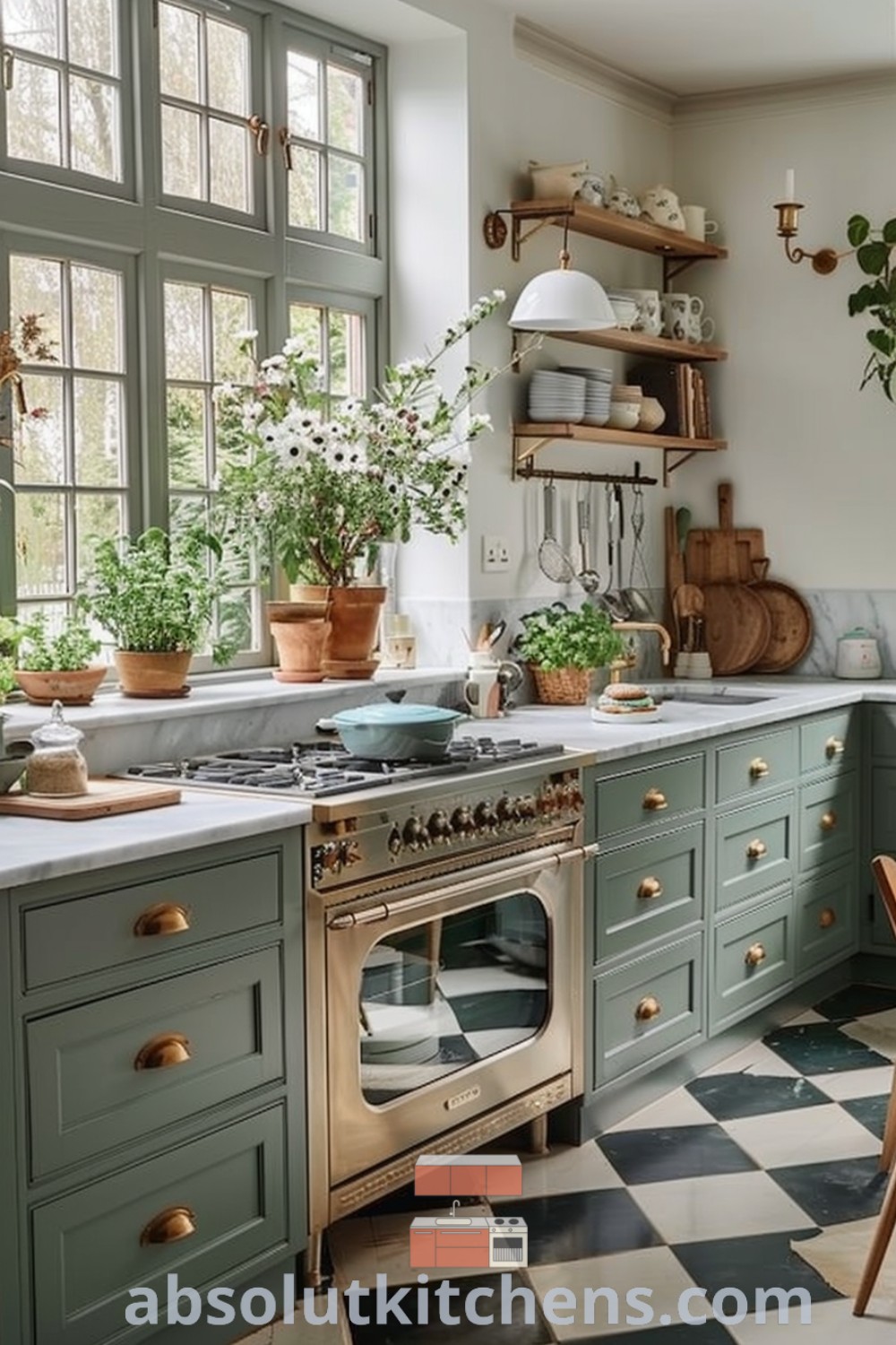 A stylish kitchen featuring sage green cabinets and checkered flooring, offering modern kitchen inspiration and cozy aesthetic. This green and gold kitchen design highlights decor ideas for small spaces, making it a perfect choice for house or apartment. Find more design trends at absolutkitchens.com.