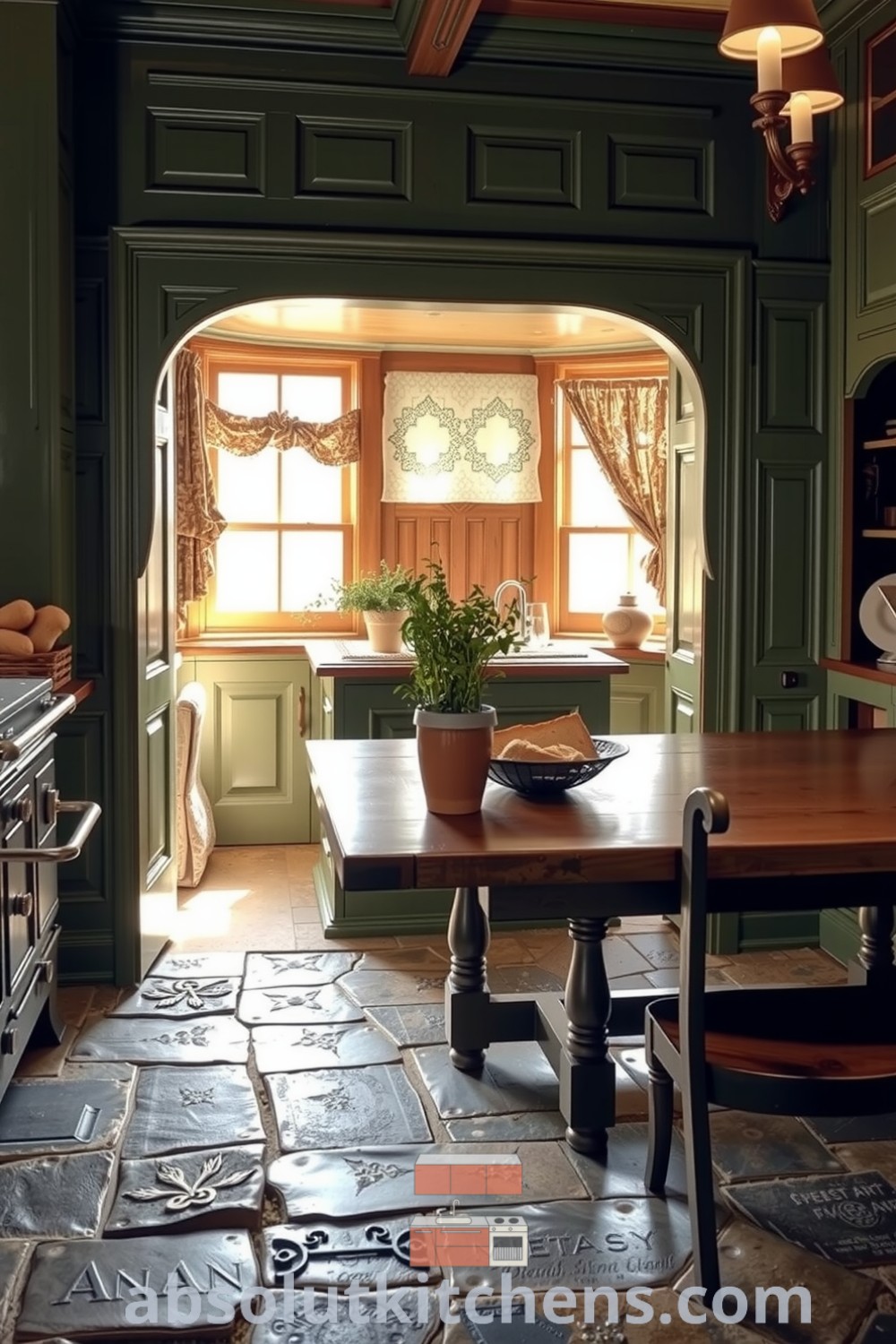 Cozy Victorian kitchen in soothing green with intricate wood cabinetry, a gleaming cast iron stove, fresh herbs, and a warm ambiance, showcasing decor ideas for a cozy home at absolutkitchens.com.