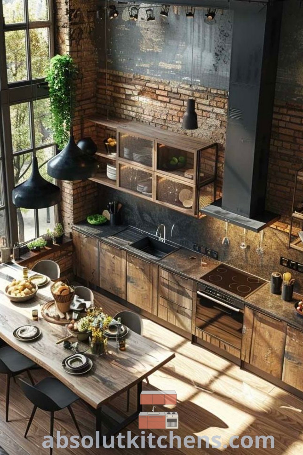 An industrial style kitchen with brick walls and an exposed ceiling, featuring a cozy dining table surrounded by chairs that embody unique ideas for alternative living. This aesthetic setup offers inspiring design ideas and decor inspirations for your home. Discover more at wellnesswink.com.