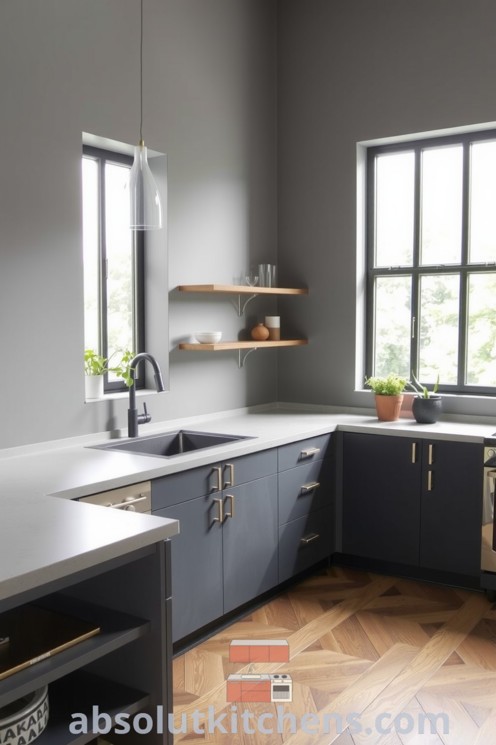 Minimalist grey kitchen with stone countertops, large windows, wooden shelves, and potted herbs on the windowsill, creating a serene and inviting atmosphere perfect for cozy home inspirations from fireplacesandwoodstoves.com.