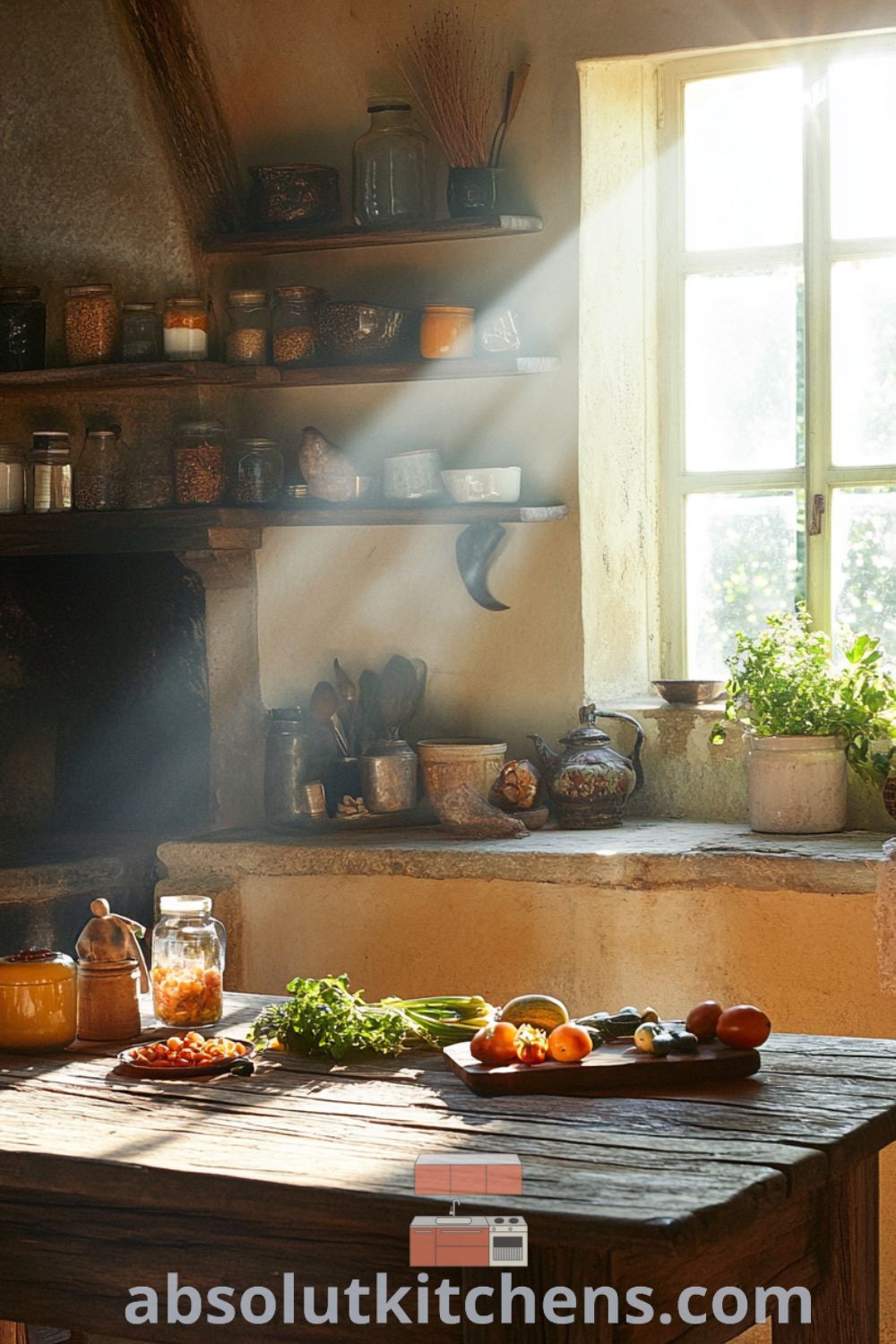 Cozy French Kitchen Inspiration on absolutkitchens.com featuring a rustic table, vibrant vegetables, and design tips for creating a cozy aesthetic in small spaces.
