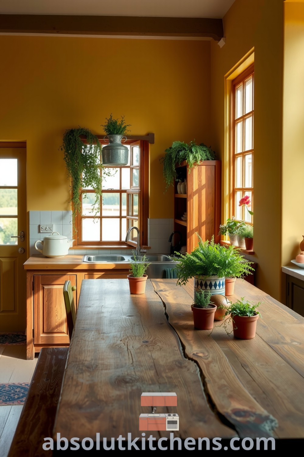 Cozy farmhouse kitchen with soft yellow walls, aged wooden countertops, hanging metal pots, and thriving green herbs in clay pots, creating an inviting atmosphere filled with the scent of baked bread, perfect for cozy home vibes. Visit absolutkitchens.com for inspiring decor ideas.