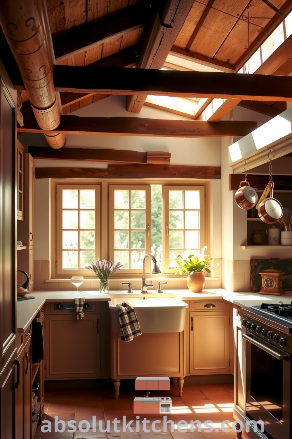 Cozy French kitchen with warming sunlight streaming through rustic windows, terracotta tiles, cream countertops, and a vintage farmhouse sink, showcasing blooming lavender outside, perfect for cozy home decor ideas at absolutkitchens.com.