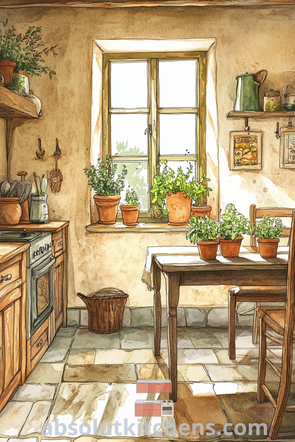 Cozy French kitchen with warm wooden cabinetry, beige walls, and a farmhouse table surrounded by mismatched chairs, adorned with terracotta pots of herbs, showcasing rustic charm and inviting design ideas for your home. Visit absolutkitchens.com for more inspiring decor ideas.