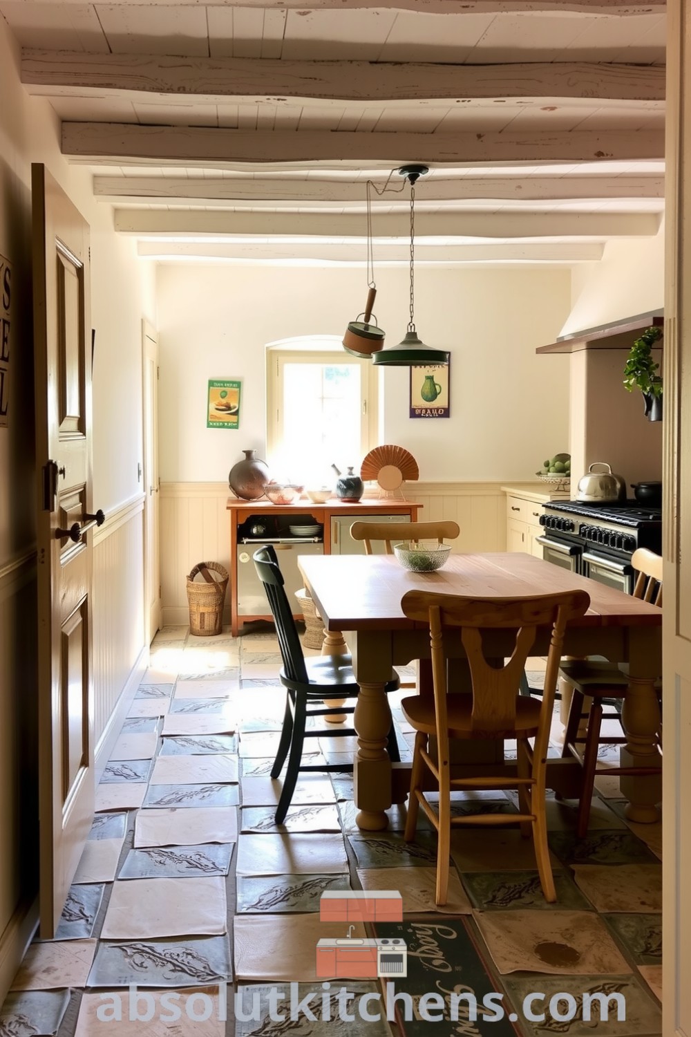Cozy French kitchen featuring creamy white walls adorned with vintage culinary posters, a sturdy oak table, mismatched wooden chairs, and fragrant herbs, creating a warm and inviting atmosphere ideal for shared meals. Visit absolutkitchens.com for more cozy decor ideas.