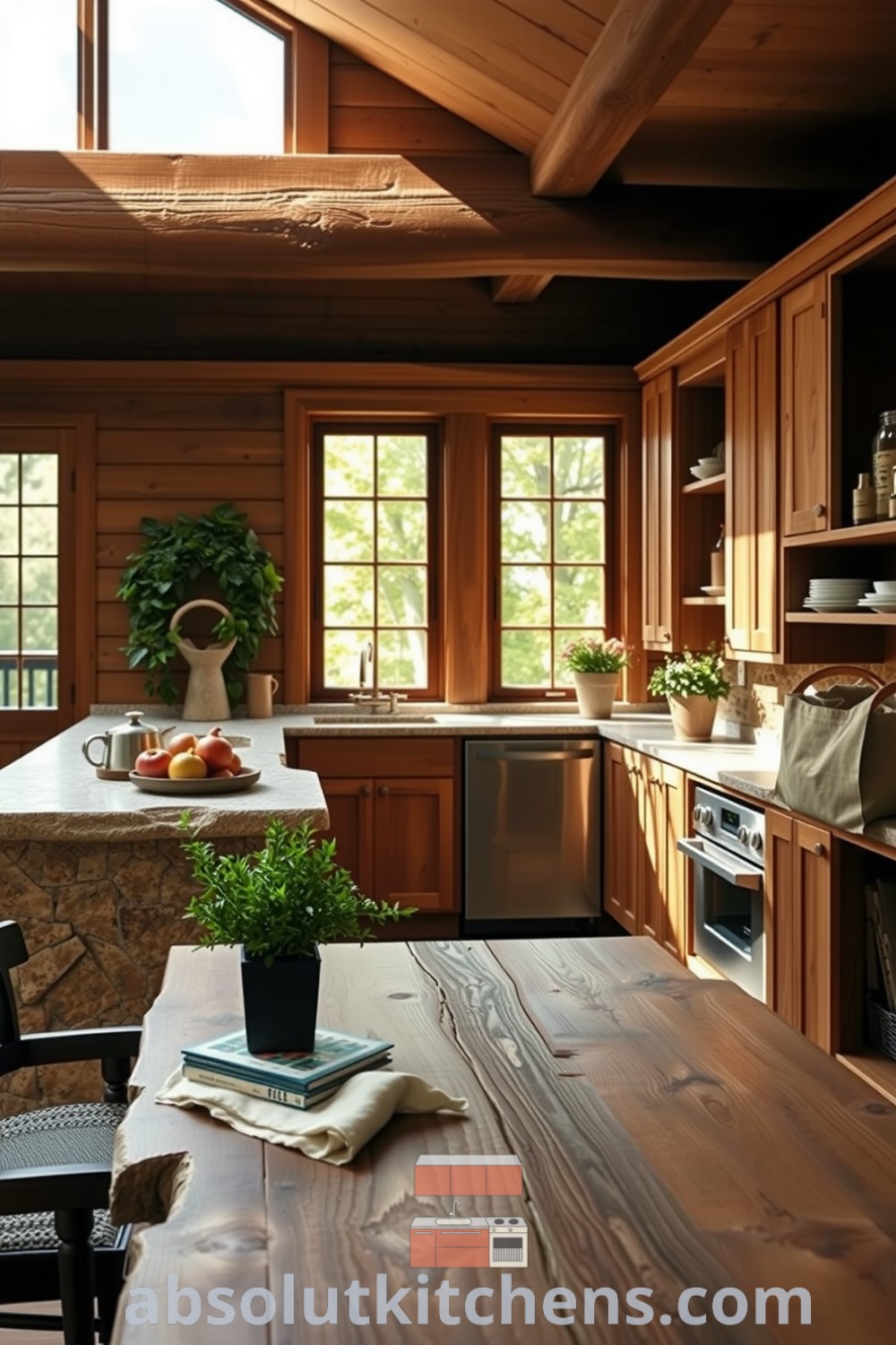 Cozy nature-inspired kitchen featuring a stone island, wooden cabinets, rustic dining table, and potted herbs, creating a warm and inviting atmosphere. Visit absolutkitchens.com for unique design ideas and decor inspirations.