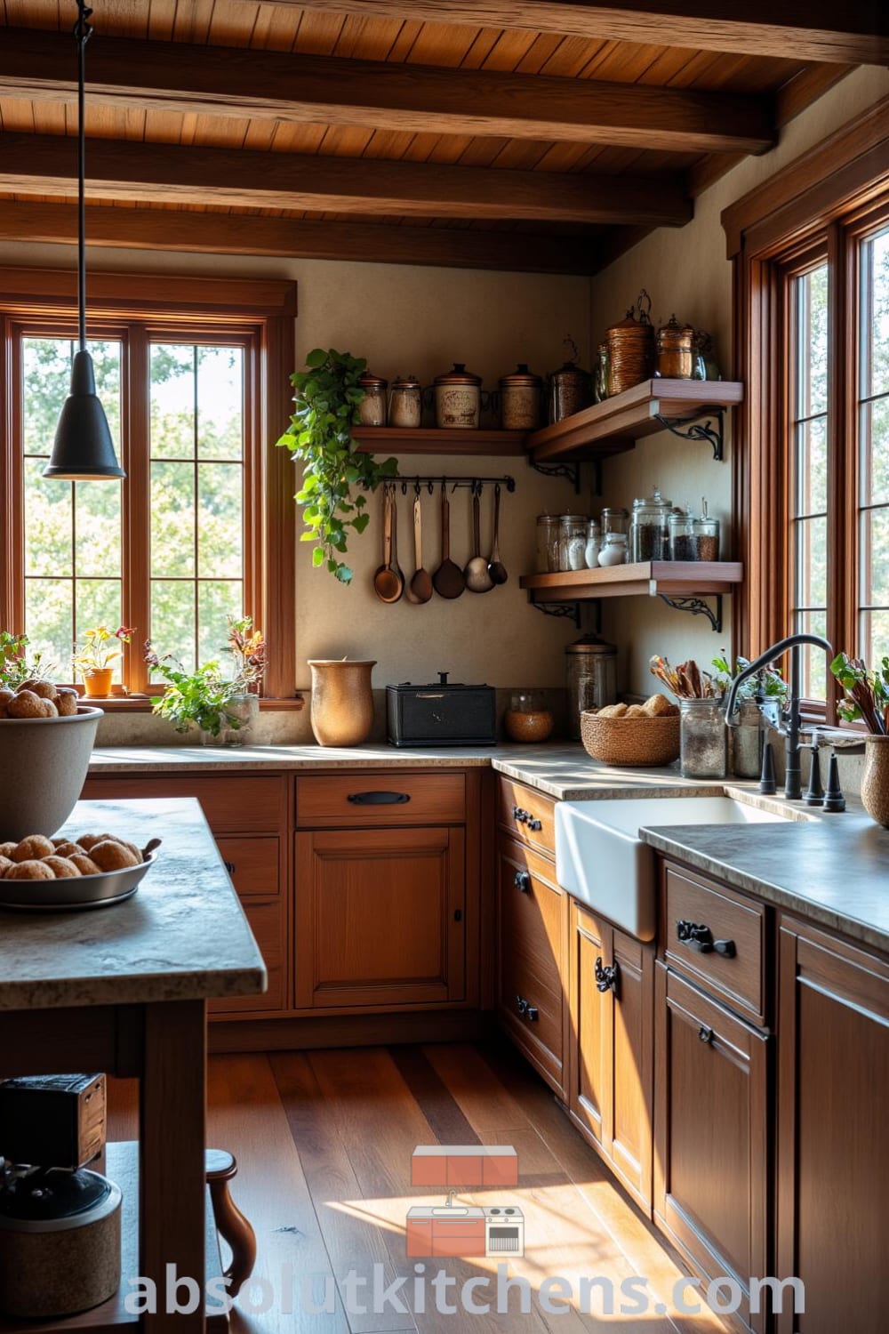 Cozy rustic kitchen with warm brown tones, wooden cabinets, stone countertop, and a sturdy farmhouse table, featuring well-loved utensils and sunlight flooding in, representing cozy ideas and decor inspirations for your home from fireplacesandwoodstoves.com.