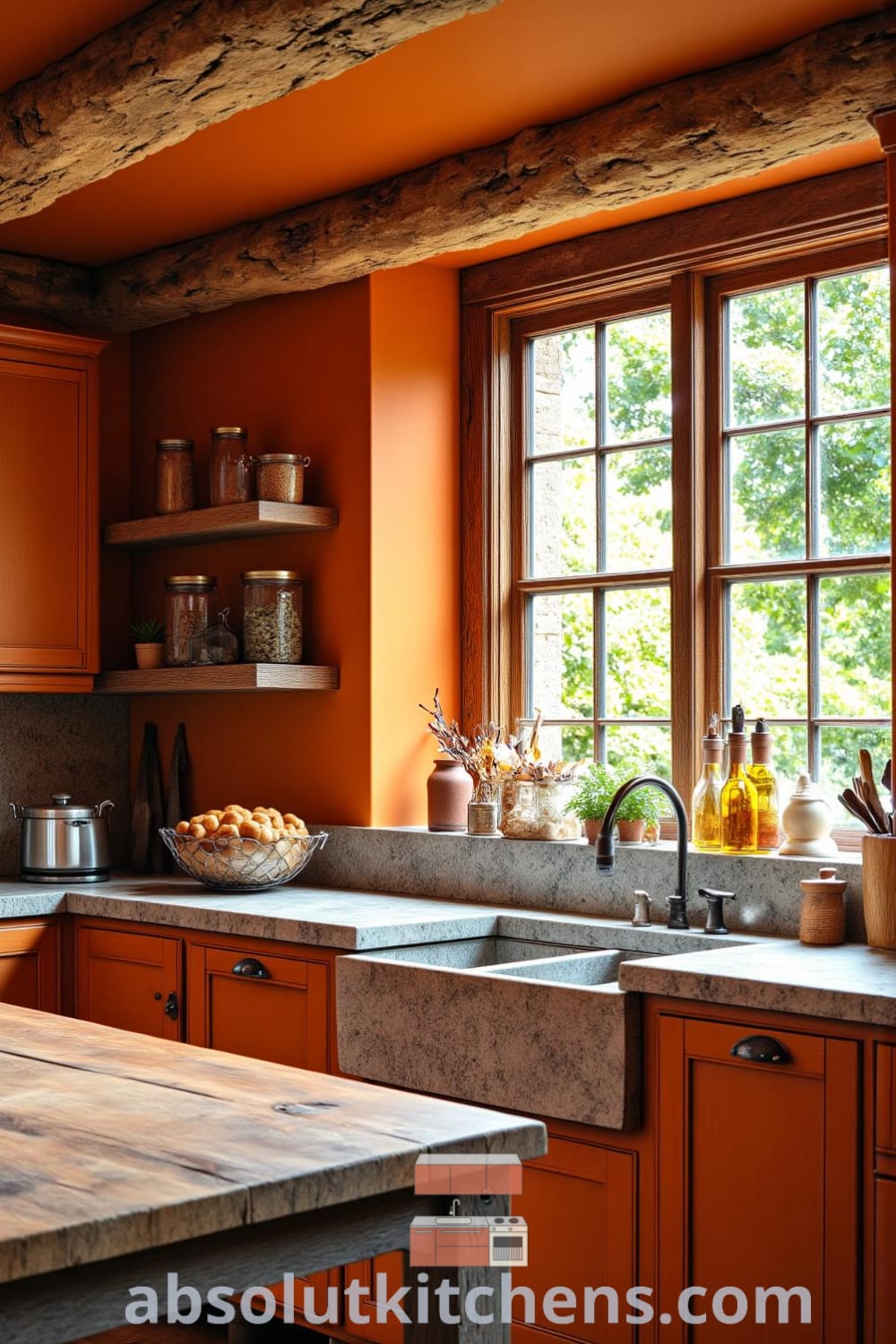 Rustic kitchen bathed in warm orange tones with weathered wooden cabinets, a large farmhouse sink, and a sturdy wooden table at the center, creating a cozy atmosphere perfect for family gatherings, inspiring unique home design ideas, visit fireplacesandwoodstoves.com.