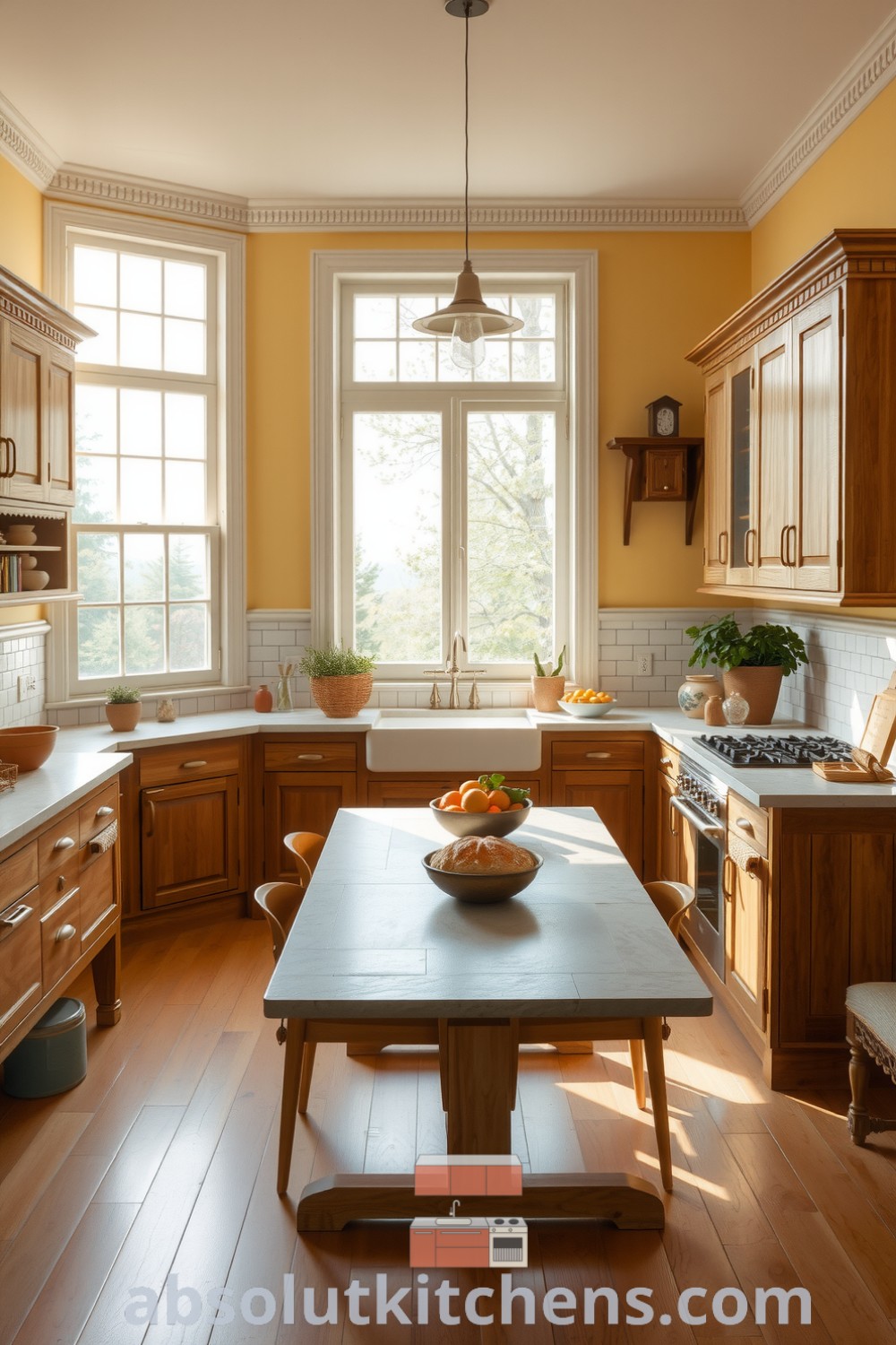 Scandinavian kitchen design featuring a warm yellow palette, natural wood cabinetry, stone countertops, and fresh produce, creating a cozy home atmosphere perfect for gatherings and inspiring decor ideas from fireplacesandwoodstoves.com.