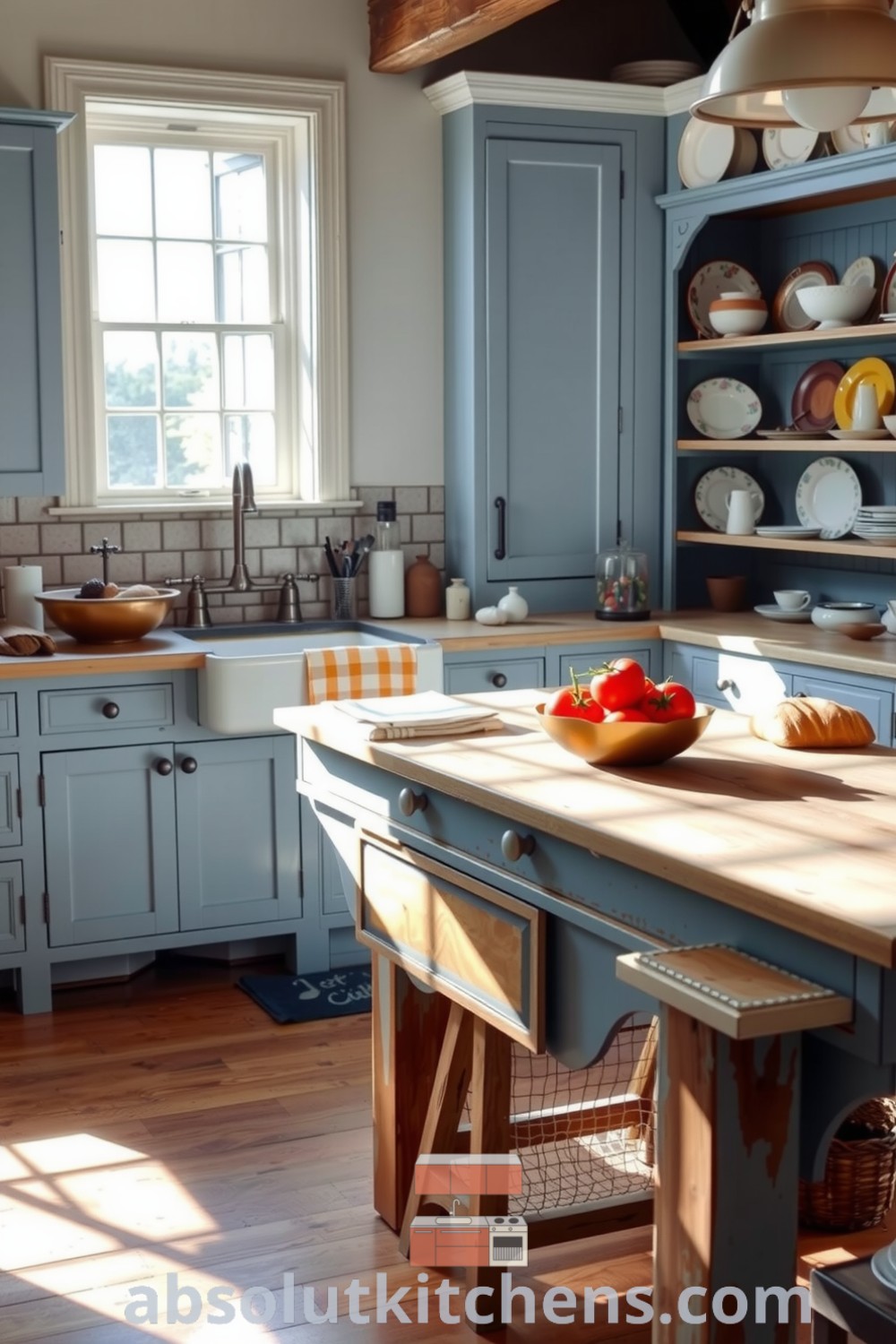 Cozy farmhouse kitchen with blue cabinetry, weathered oak floors, an antique stone sink, and a rustic wooden table with ripe tomatoes, showcasing comforting home decor ideas from absolutkitchens.com.