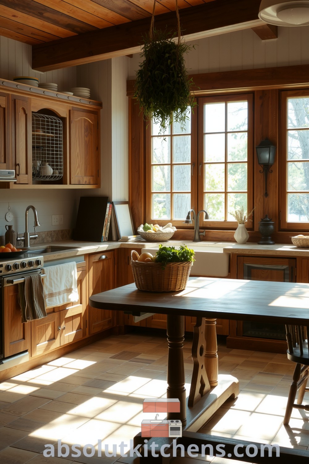 Cozy nature-inspired kitchen featuring smooth stone countertops, rich wooden cabinetry, and large windows letting in sunlight, with a vintage farmhouse table and woven basket of fresh produce, offering inspiring decor ideas and creating a warm inviting atmosphere. Visit absolutkitchens.com for more cozy ideas!