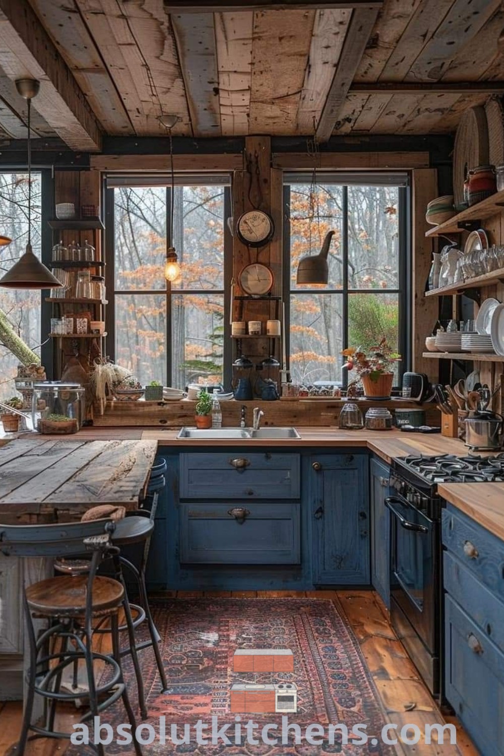 A rustic kitchen with blue cabinets and wooden floors, featuring an old rug, cozy reading chair, and laundry kitchen combo ideas that inspire warm and inviting spaces for house or apartment. Explore more design tips and cozy aesthetic ideas at absolutkitchens.com.