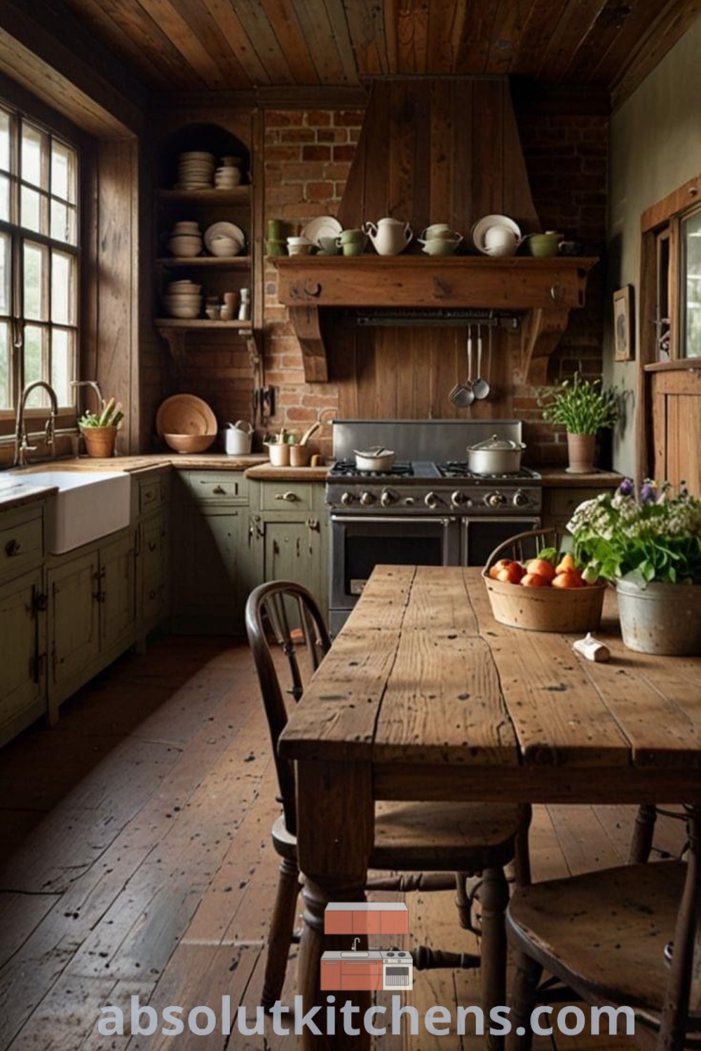 A cozy 1880s kitchen with wooden floors and walls, featuring a brick backdrop behind the stove and lots of greenery, showcasing old homes interior design ideas. This space offers inspiring decor ideas for a farmhouse kitchen makeover. Discover more at absolutkitchens.com.