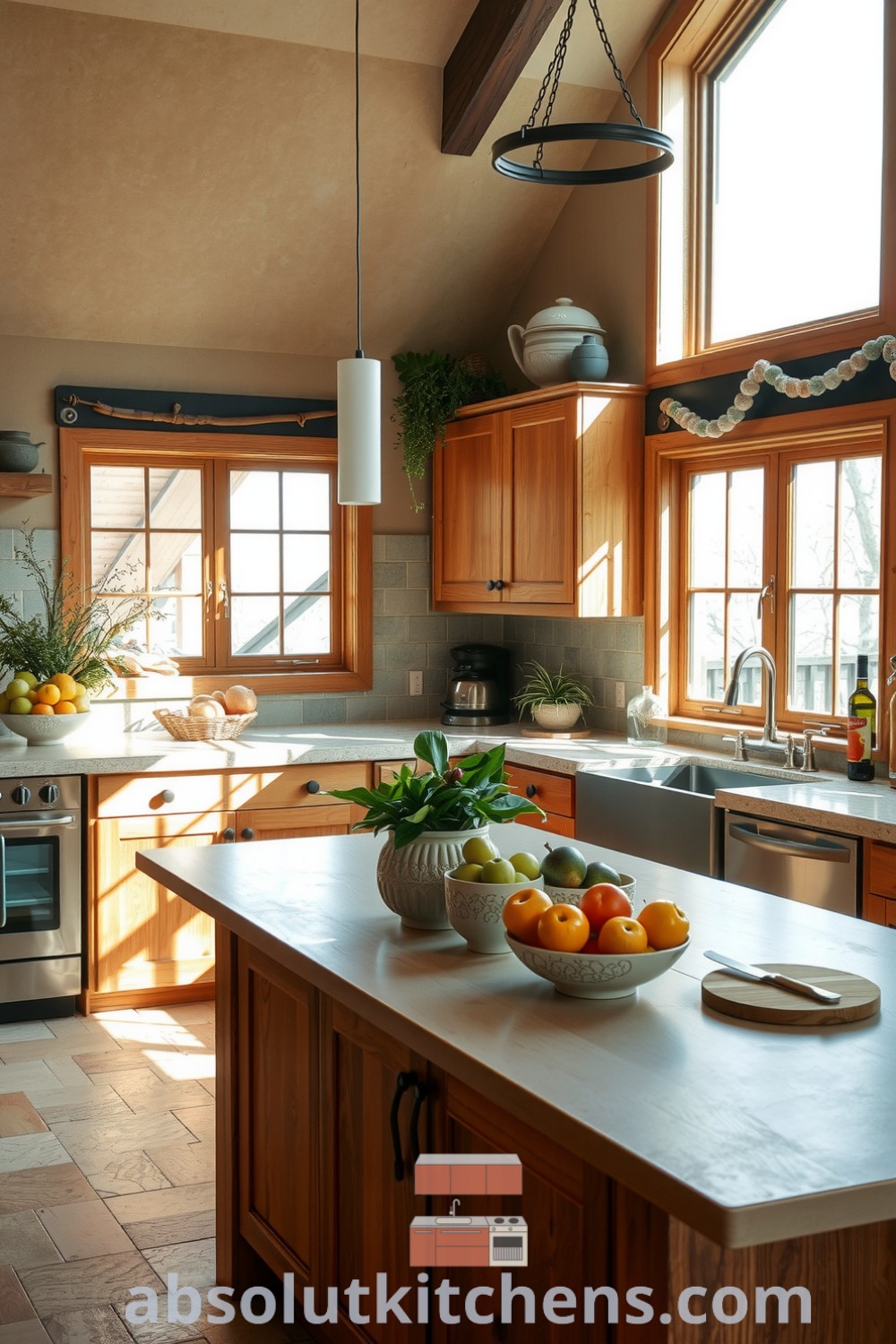 Cozy nature-inspired kitchen with stone countertops, warm wood cabinetry, and a spacious reclaimed wood island, featuring handmade ceramic bowls filled with seasonal fruits, creating a welcoming and inspiring atmosphere for culinary creativity. absolutkitchens.com