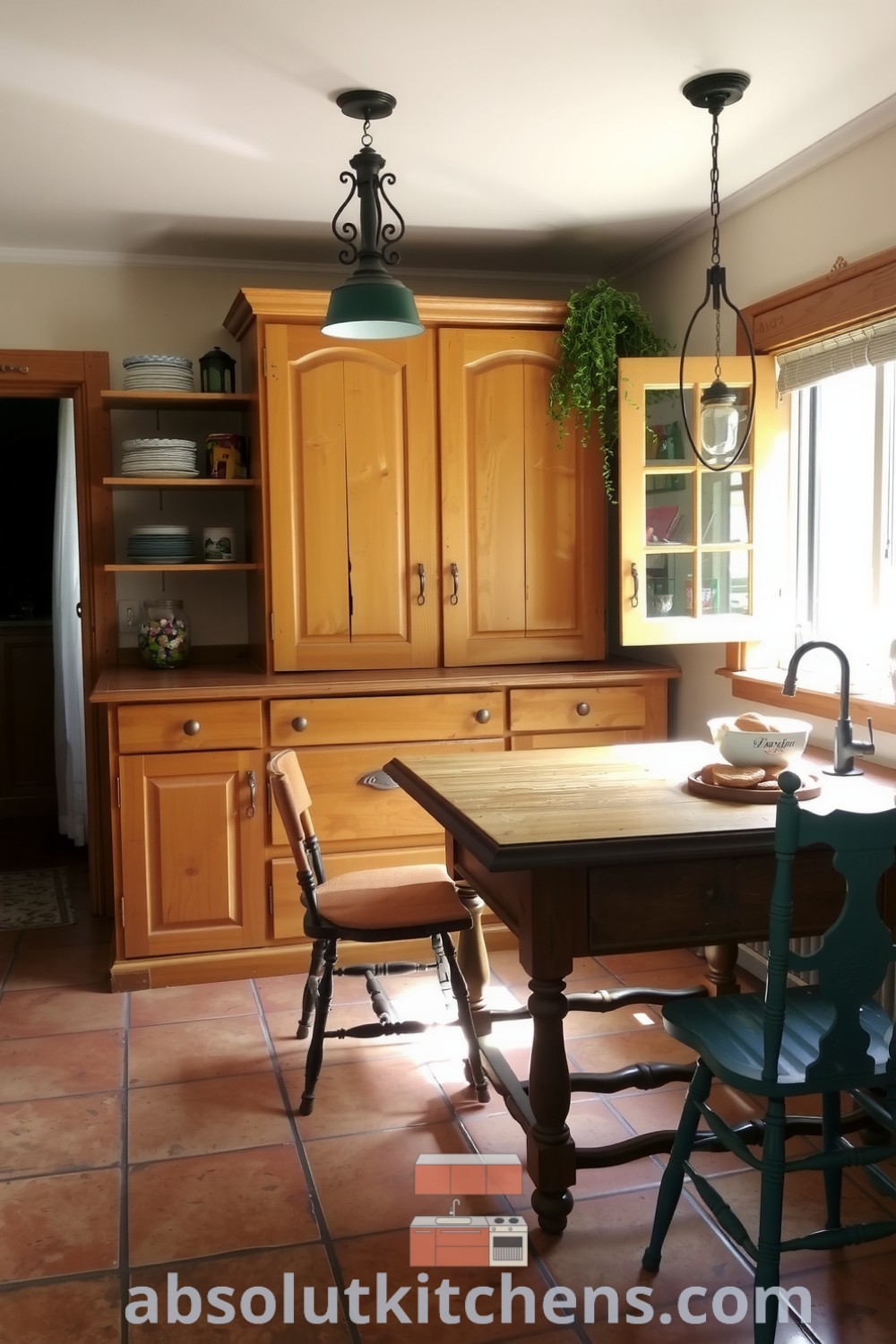 Cozy farmhouse kitchen with blackened wrought iron fixtures, warm wooden cabinets, and a rustic table illuminated by morning light, featuring fresh herbs in a vintage jar, available at absolutkitchens.com.