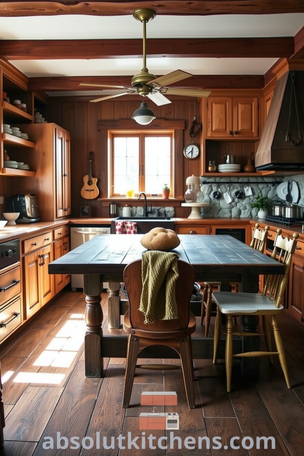Cozy rustic kitchen featuring brown wood cabinets, stone backsplash, aged oak flooring, and a central farmhouse table with mismatched chairs, exuding a warm and inviting atmosphere perfect for family gatherings. Visit absolutkitchens.com for design ideas.