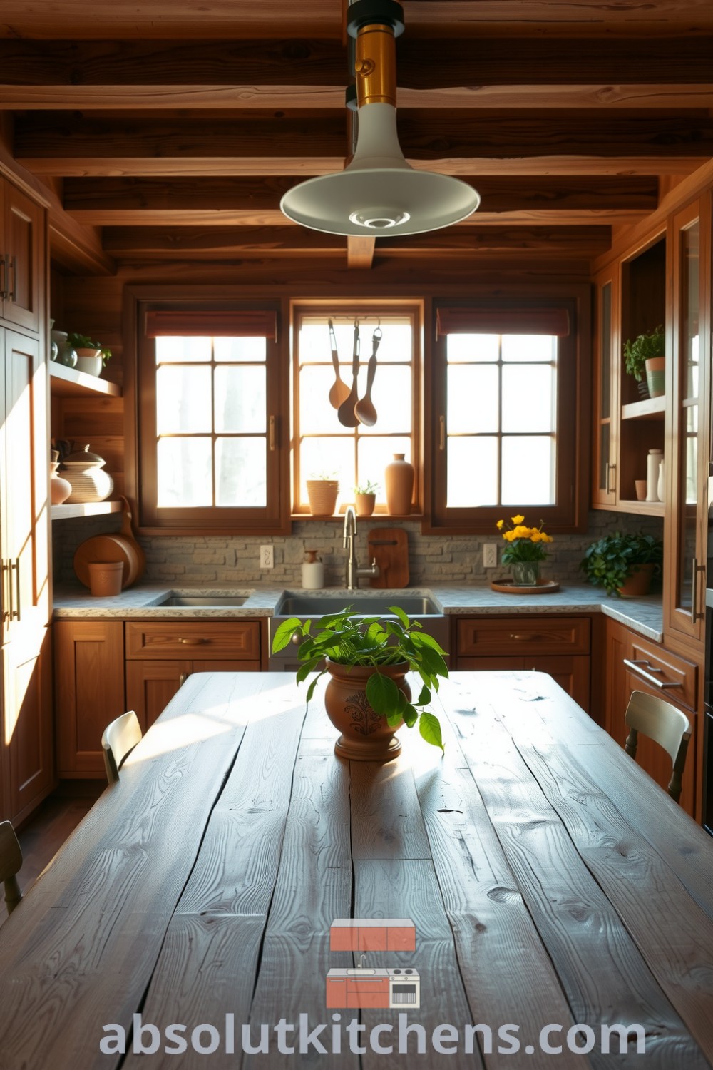 Cozy nature-inspired kitchen featuring reclaimed wooden cabinetry, a rough stone backsplash, hand-carved utensils, potted plants, and a worn wooden table, creating a warm and inviting atmosphere for shared meals. Visit absolutkitchens.com for more inspiring decor ideas.