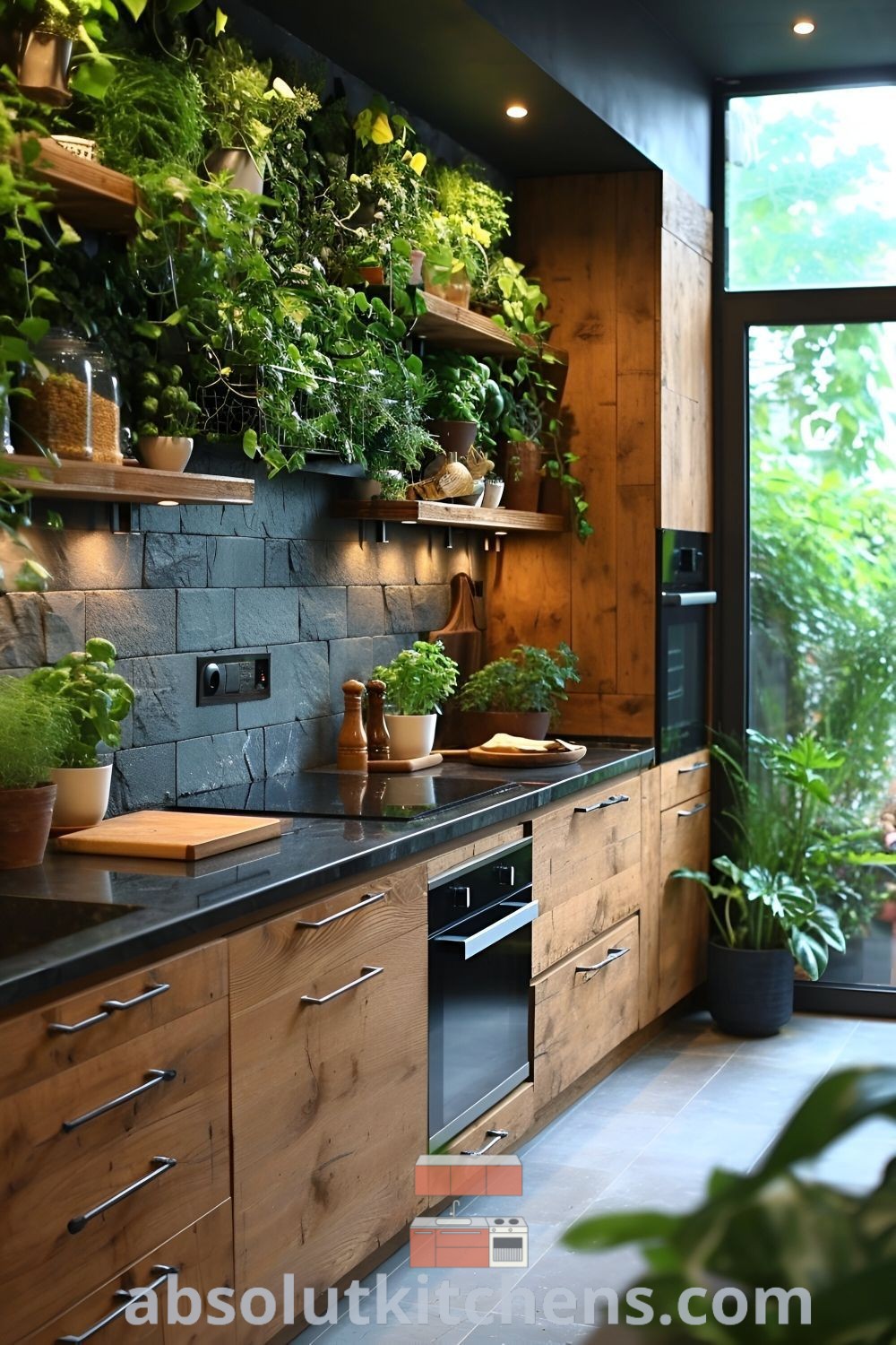 A minimalist kitchen filled with green plants, wooden cabinets, and a large window that illuminates the space. This design showcases green countertops and emphasizes natural, earthy elements, making it an inspiring example of decor ideas for small spaces. Discover more at absolutkitchens.com.