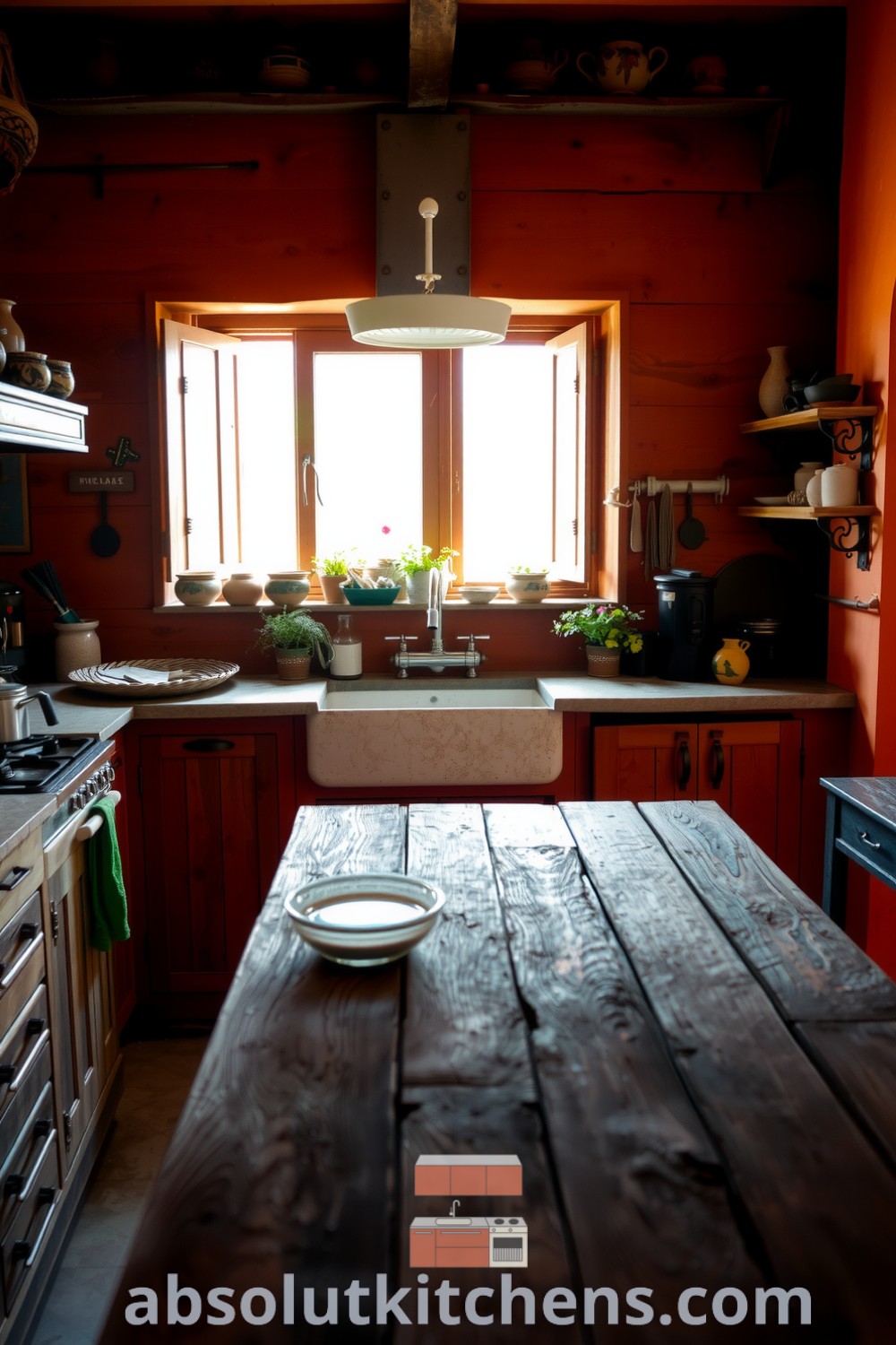 Cozy rustic kitchen filled with warm orange tones, featuring weathered wooden cabinets, a chunky stone countertop, a farmhouse sink, and shelves of handmade pottery, offering inspiring decor ideas for a cozy home at absolutkitchens.com.