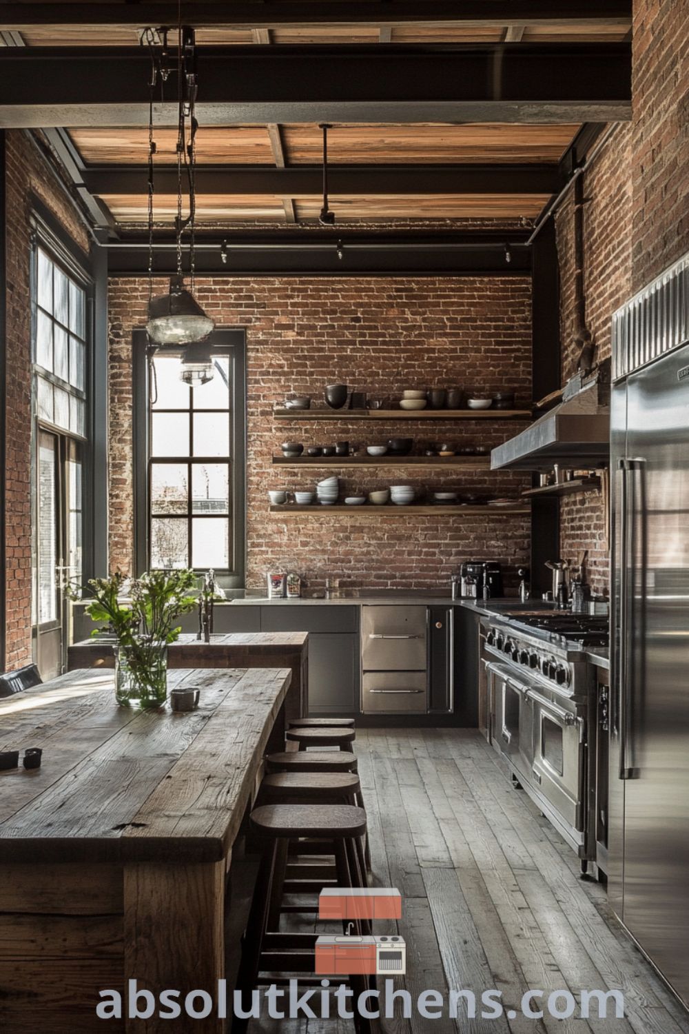 Stylish urban loft kitchen featuring exposed brick walls, sleek stainless steel appliances, and inspiring loft kitchen design ideas on absolutkitchens.com.