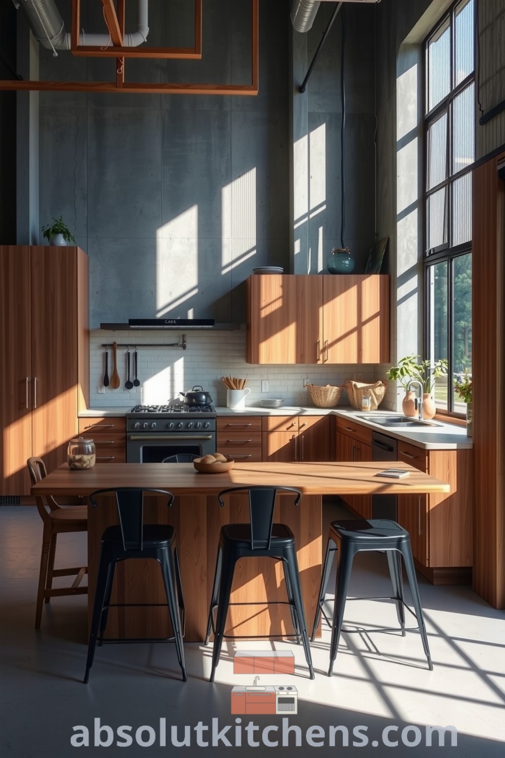 Loft kitchen design featuring grey concrete walls, warm honey-toned wood cabinetry, a large island with a rough-hewn top, industrial-style metal bar stools, and potted herbs on the windowsill, inspiring cozy and inviting decor ideas for your home, designed to enhance your living space. Visit fireplacesandwoodstoves.com for more ideas.