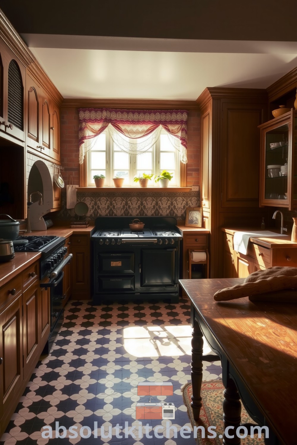 Cozy Victorian kitchen featuring exposed brick walls, polished wooden cabinetry, a large cast iron stove, and an antique wooden table, illustrating warm design ideas that inspire comfort and nostalgia for your home. Visit absolutkitchens.com for more decor ideas.