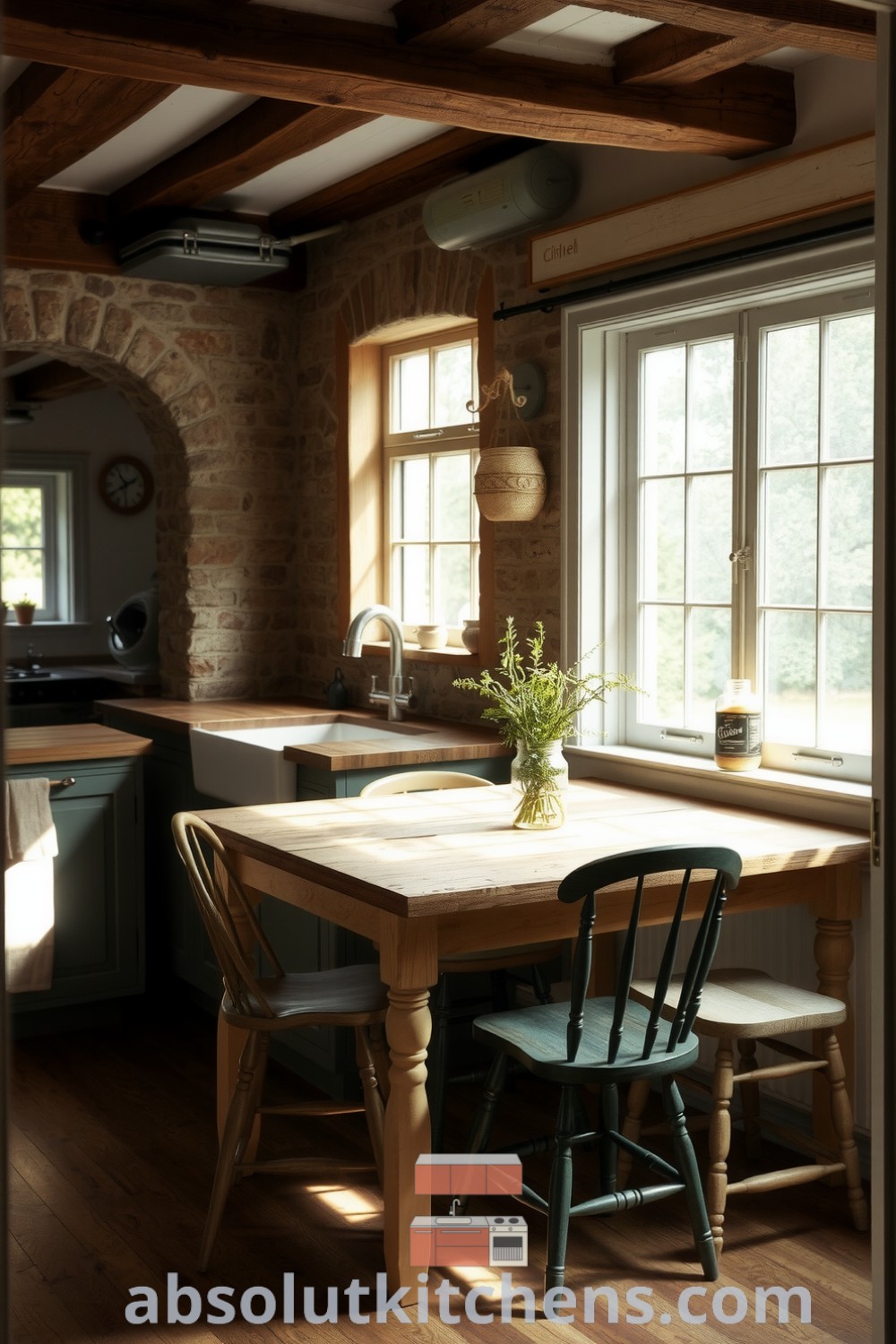 Cozy farmhouse kitchen with wooden countertops, stone walls, and mismatched chairs, featuring fresh herbs in jars, creating an inviting atmosphere perfect for family gatherings. Visit absolutkitchens.com for unique decor ideas and inspirations.