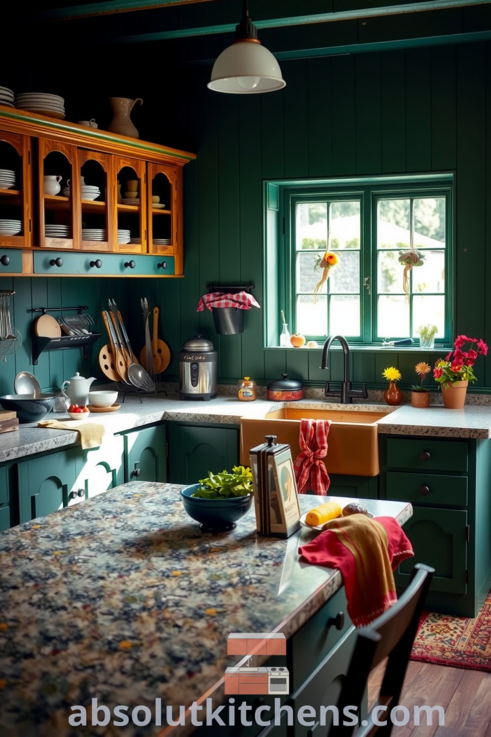 Cozy farmhouse kitchen styled with green wooden cabinets, a large farmhouse sink under a sunny window, weathered granite countertops, and a sturdy table, accented by colorful herbs and the inviting aroma of baked bread. Discover cozy ideas for your home at absolutkitchens.com.