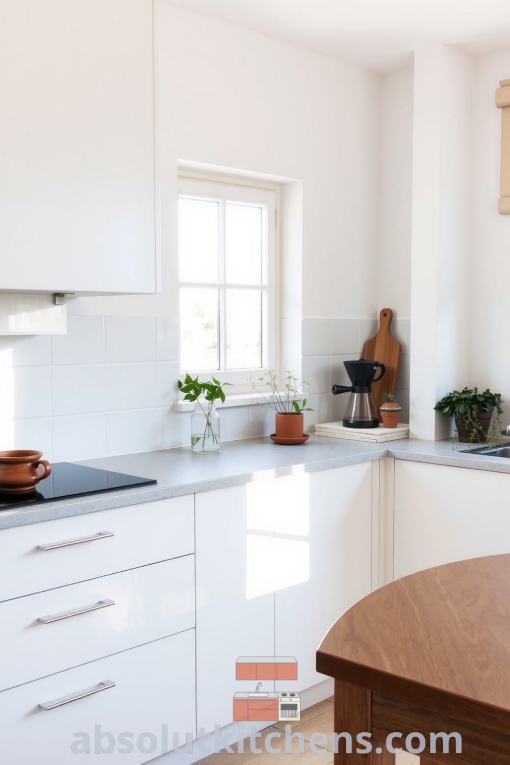 Minimalist kitchen design featuring smooth white cabinetry, a stone countertop with subtle veining, and a wooden table with potted herbs on the windowsill, creating a cozy and inviting atmosphere. Ideas for your home and decor inspirations from fireplacesandwoodstoves.com.