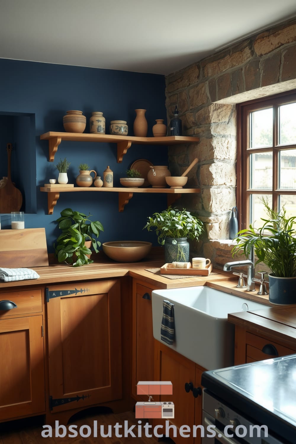 Cozy kitchen design showcasing rugged blue accents, rustic wood cabinetry, and exposed stone walls, featuring a farmhouse sink under a sunlit window, along with handcrafted pottery and herbs, offering unique ideas for your home, available at fireplacesandwoodstoves.com.