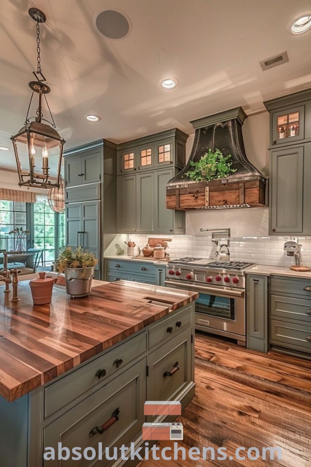 A spacious farmhouse kitchen with green cabinets, wooden floors, and an island decorated with a potted plant, embodying cozy and inspiring design trends. This kitchen offers decor ideas for small spaces while blending functionality and style. Discover more kitchen inspirations at absolutkitchens.com.