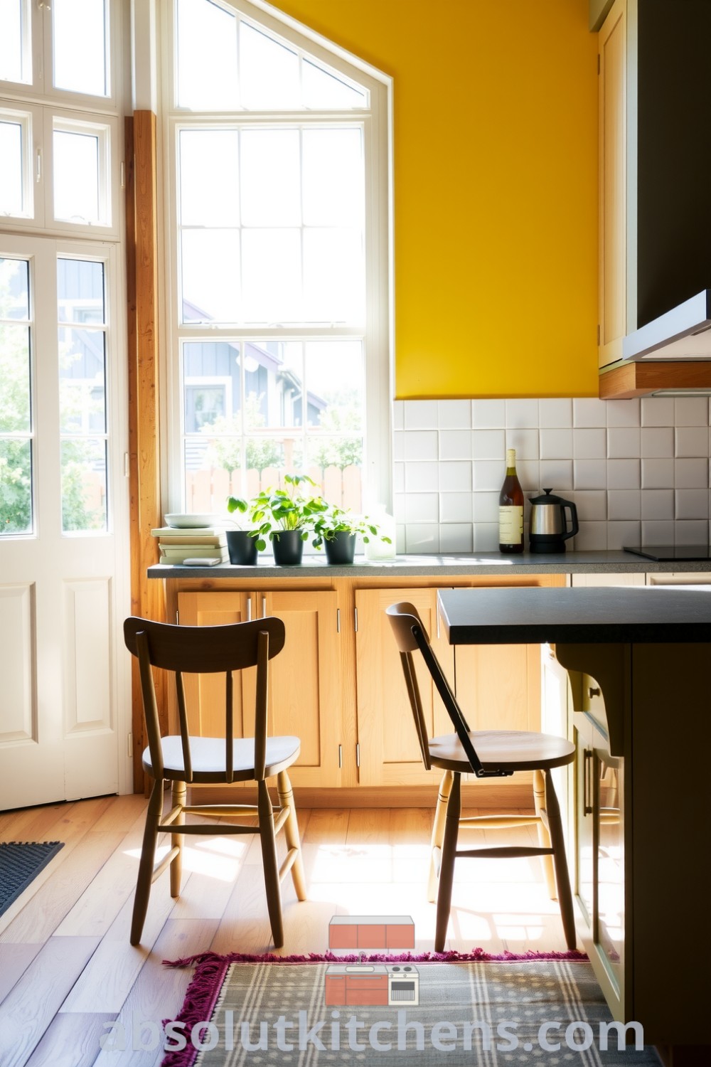 Scandinavian kitchen design featuring natural wood cabinetry, slate-grey countertop, yellow accents, and mismatched chairs with potted herbs on the windowsill, creating a cozy ambiance, perfect for inspiring unique decor ideas for your home, visit fireplacesandwoodstoves.com for inspirations.