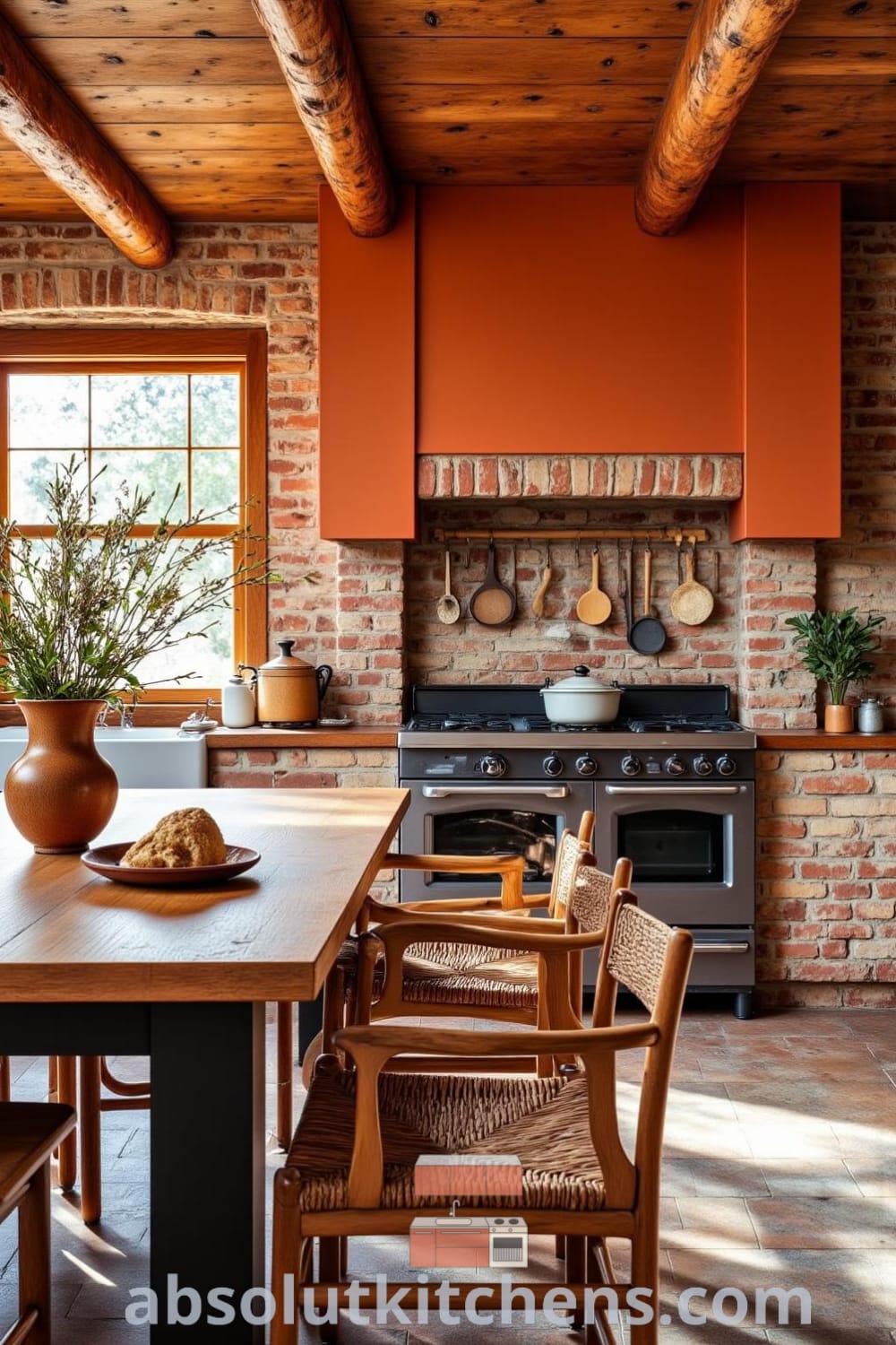 Cozy rustic kitchen with wooden surfaces, a farmhouse table adorned with wildflowers, vintage stove, and exposed brick walls, creating an inviting atmosphere ideal for family gatherings. Discover cozy ideas and decor inspirations at fireplacesandwoodstoves.com.