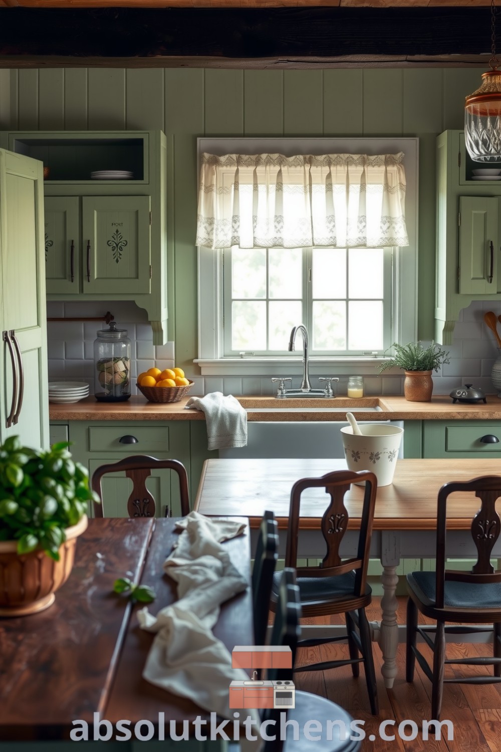 Cozy farmhouse kitchen featuring soft green hues, weathered wooden cabinets, vintage farmhouse sink, lace window dressings, mismatched chairs, and fresh herbs, offering inspiring decor ideas for a cozy home at absolutkitchens.com.