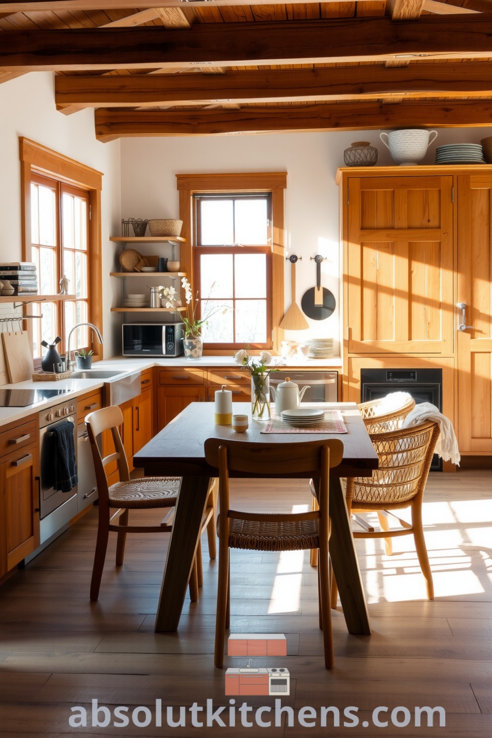 Scandinavian kitchen with large windows allowing sunlight to illuminate wooden cabinetry and stone countertops, featuring a reclaimed wood dining table surrounded by mismatched chairs, creating a cozy atmosphere perfect for family gatherings. Visit fireplacesandwoodstoves.com for unique decor ideas and inspirations.