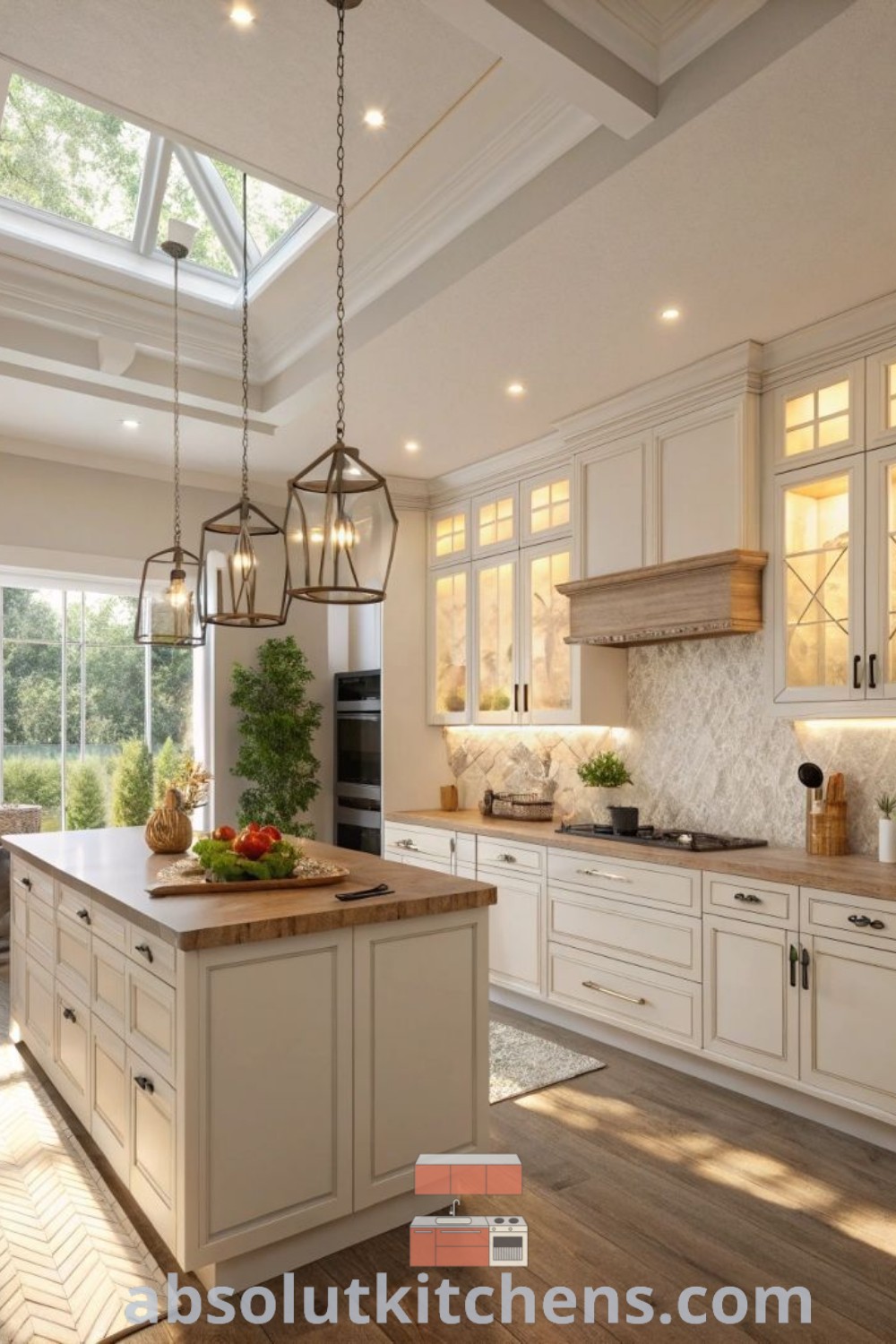 A spacious kitchen design with white cabinets, black concrete countertops, and wood flooring, showcasing functionality and style. This inspiring layout from absolutkitchens.com offers practical kitchen organization hacks and decorative ideas for a cozy aesthetic that enhances both luxury and functionality.