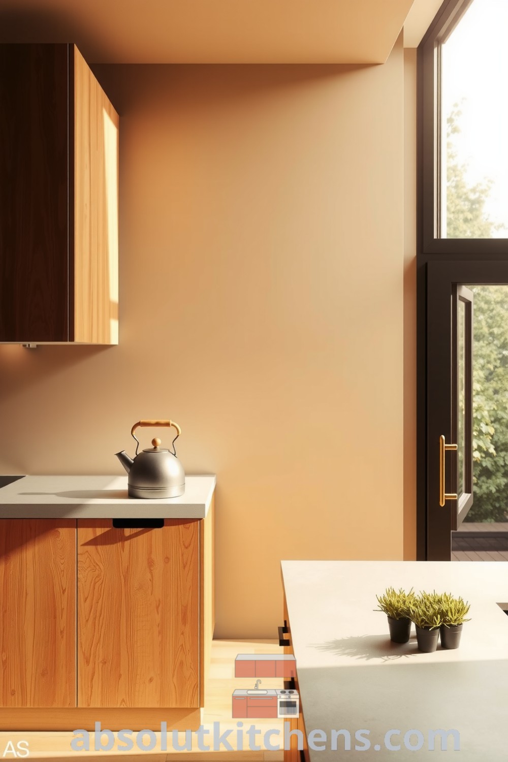 Warm minimalist kitchen featuring rough wooden cabinets, smooth concrete countertops, and natural light flooding in through a large window, complemented by potted herbs, offering cozy ideas and unique design inspirations for your home from fireplacesandwoodstoves.com.