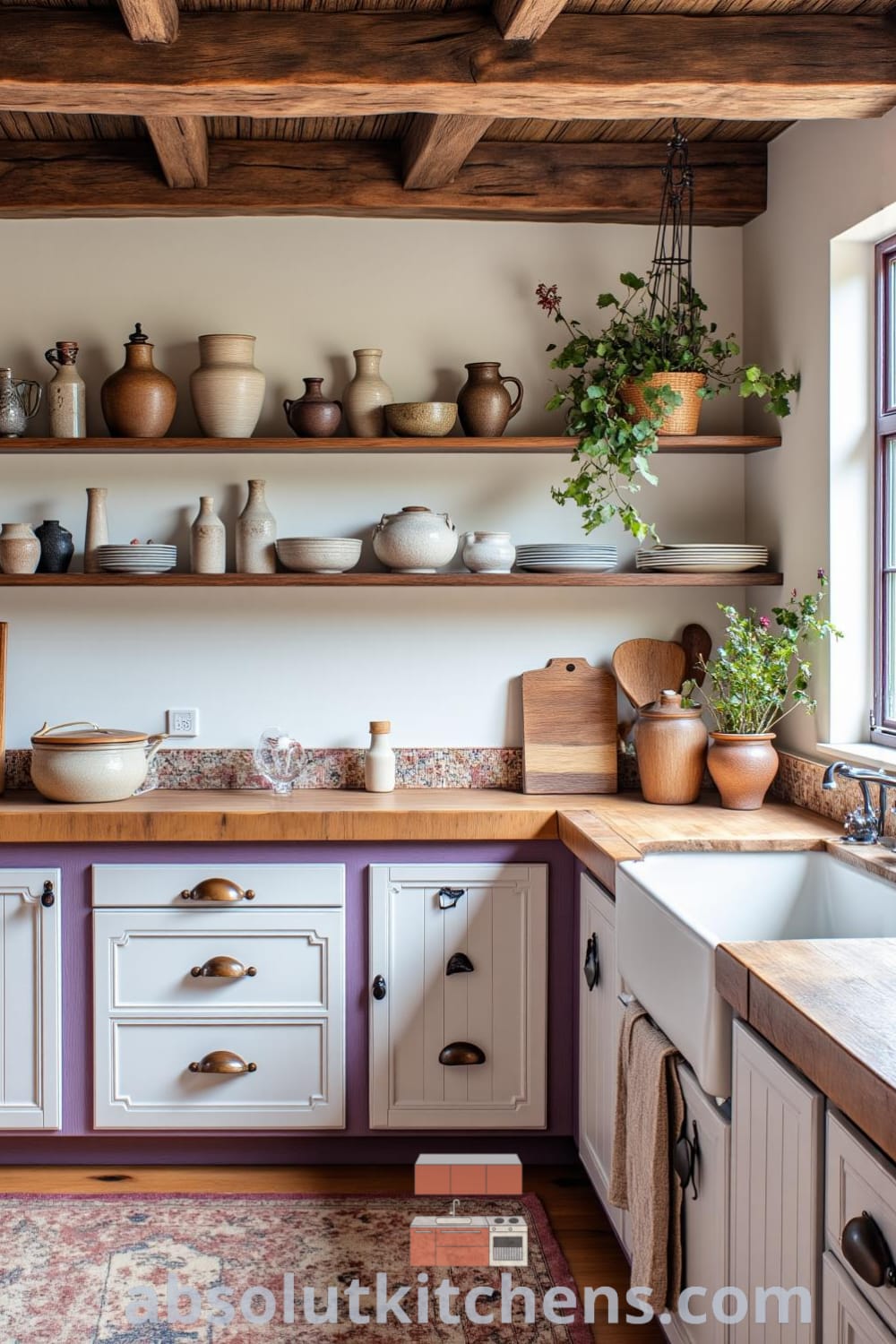 Rustic kitchen with purple accents, wooden beams, butcher block countertops, and handmade pottery, creating a cozy home atmosphere filled with herb scents, inviting natural light, and personalized decor ideas for your home on fireplacesandwoodstoves.com.