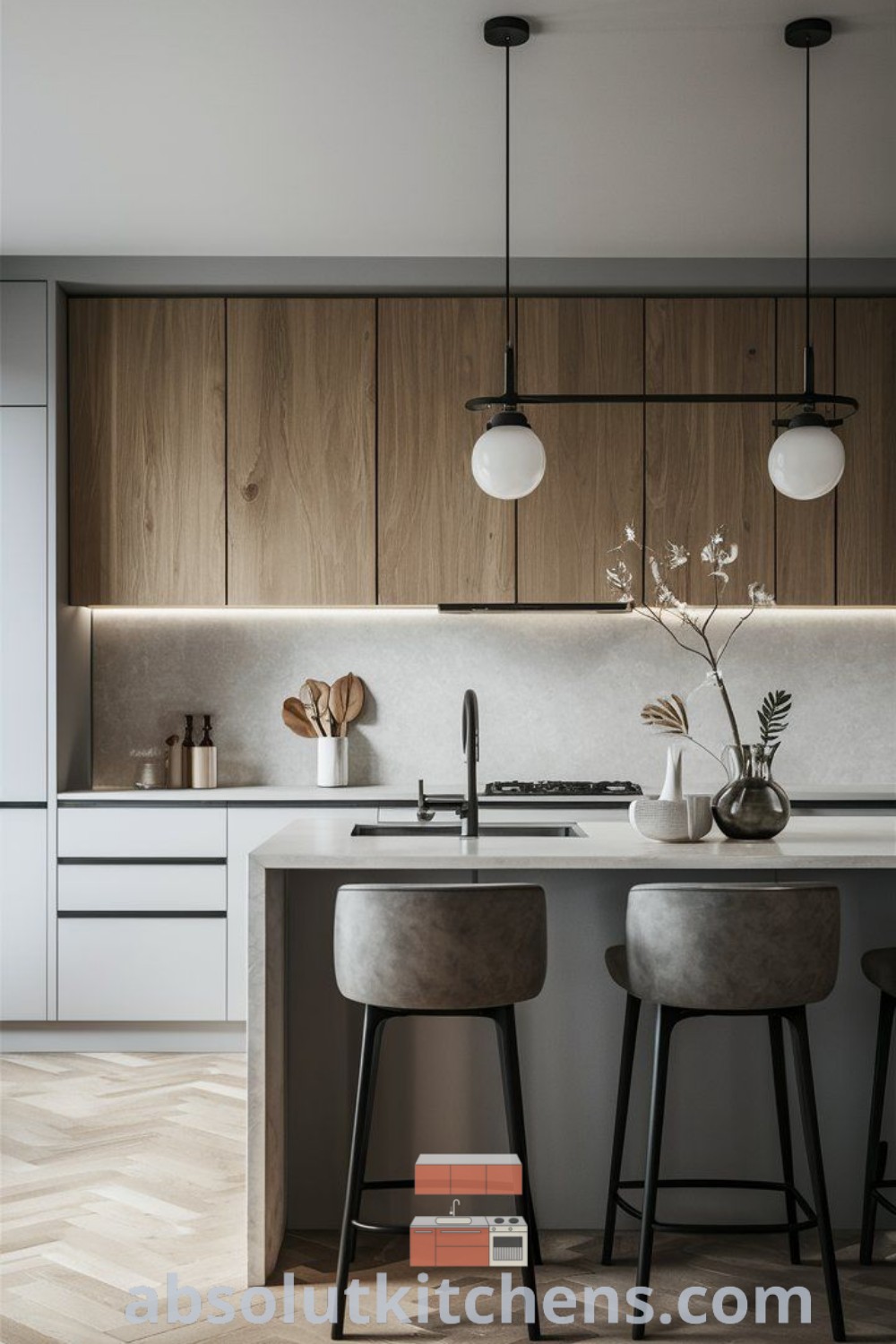 A minimalist kitchen designed for both aesthetics and functionality, featuring clean lines and modern kitchen interiors. The space is ready for entertaining and showcases decor ideas that create a cozy home atmosphere. Explore more inspiring kitchen design plans at wellnesswink.com.