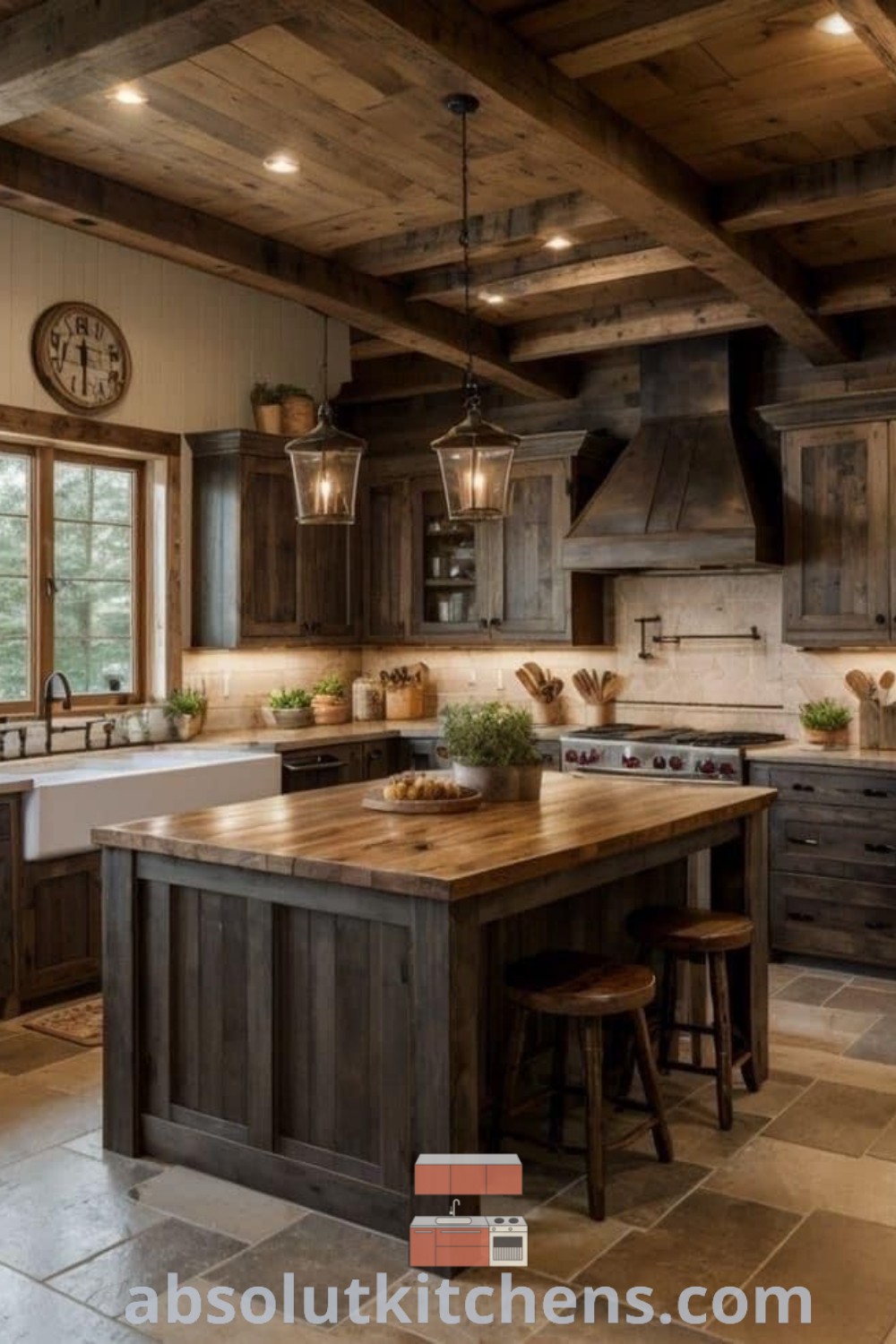 A spacious rustic kitchen featuring wooden cabinets, a central island, and stone flooring that embodies farmhouse kitchen design. This cozy aesthetic provides functional ideas for your house, blending rustic charm with modern conveniences. Discover more kitchen decor ideas at absolutkitchens.com.