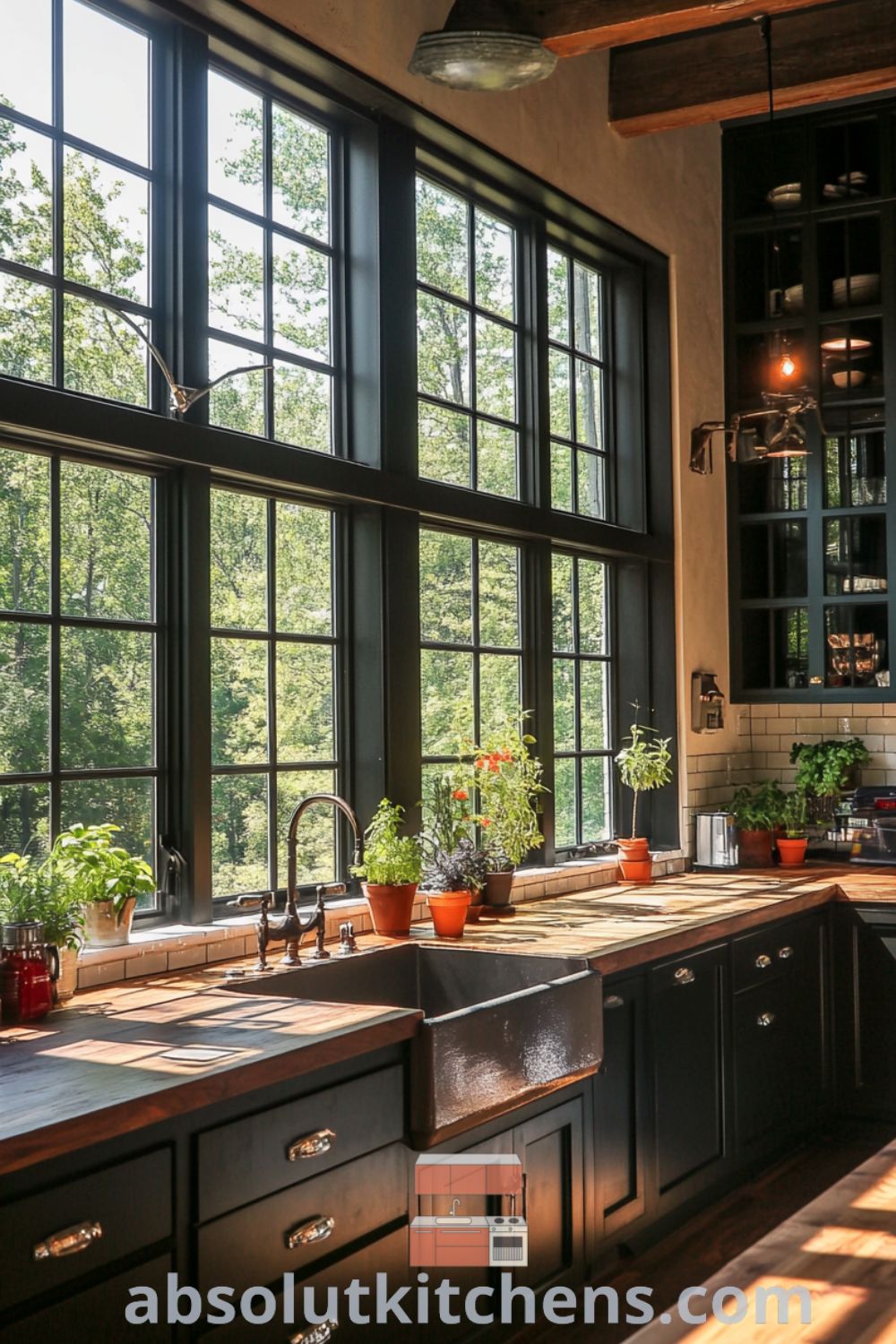 Urban loft kitchen design on absolutkitchens.com showcasing rustic wood cabinetry, loft kitchen ideas, and cozy inviting atmosphere.