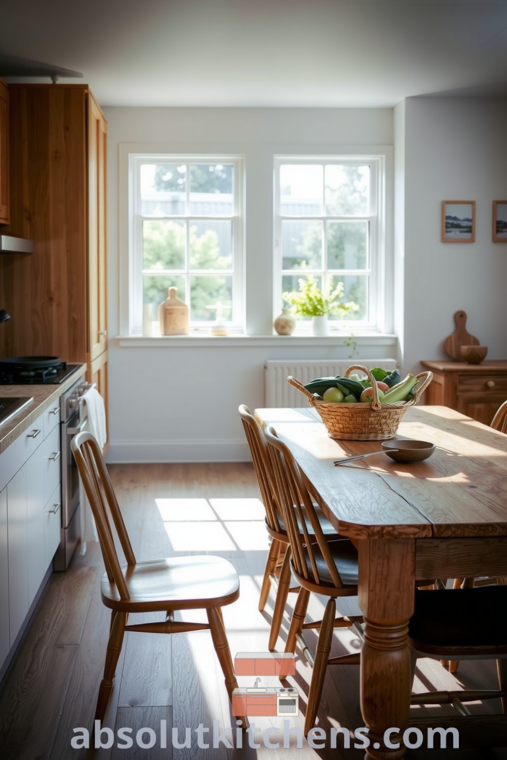 Cozy Scandinavian kitchen with white walls, wooden cabinetry, and stone countertops, featuring a rustic dining table, elegant chairs, and a woven basket of fresh vegetables, showcasing unique decor ideas for warmth and togetherness, visit fireplacesandwoodstoves.com for inspiring designs.