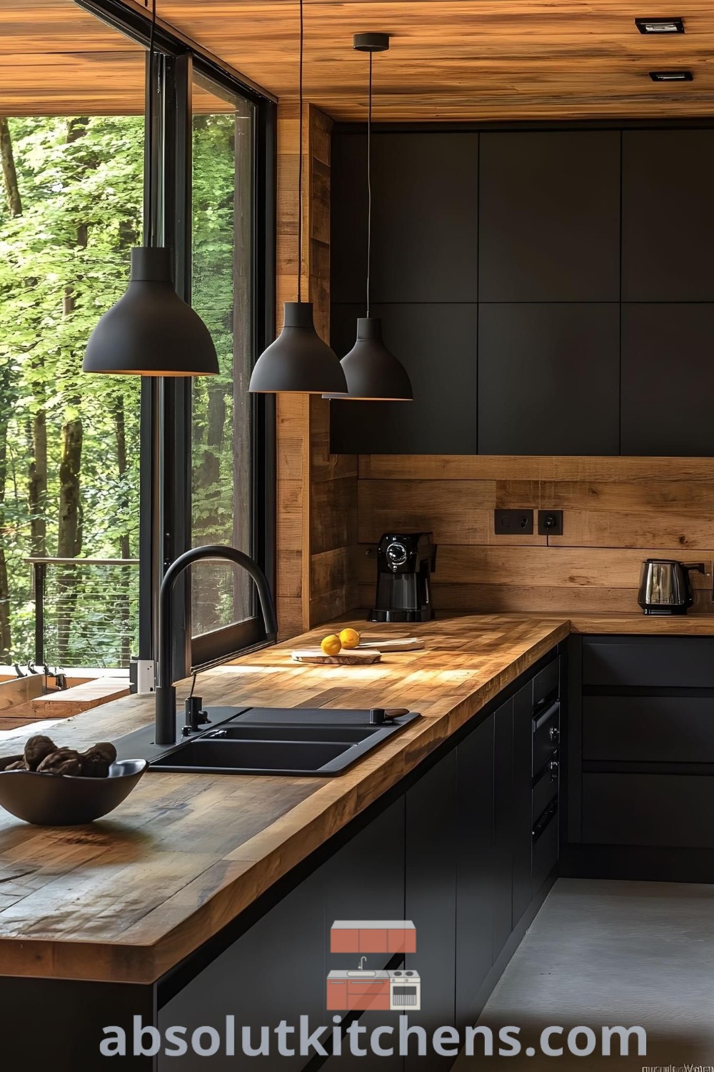 A contemporary kitchen showcasing black cabinets, wooden countertops, and a central island, blending sleek modern kitchen interiors with practical functionality. This design offers cozy ideas for home design plans, enhancing the aesthetic appeal of black kitchens. Explore inspiring decor inspirations at wellnesswink.com.
