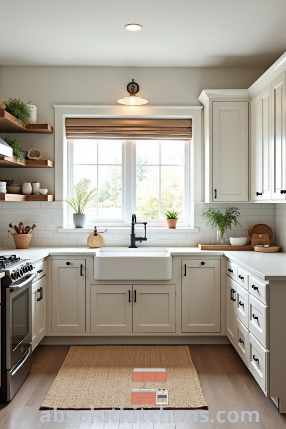 A modern farmhouse kitchen showcasing a clean and minimalist design with Scandinavian influences, featuring organic materials and stylish kitchen decor. This inviting space offers design tips for cozy aesthetics and is perfect for those seeking farmhouse kitchen inspiration. Explore more ideas at absolutkitchens.com.