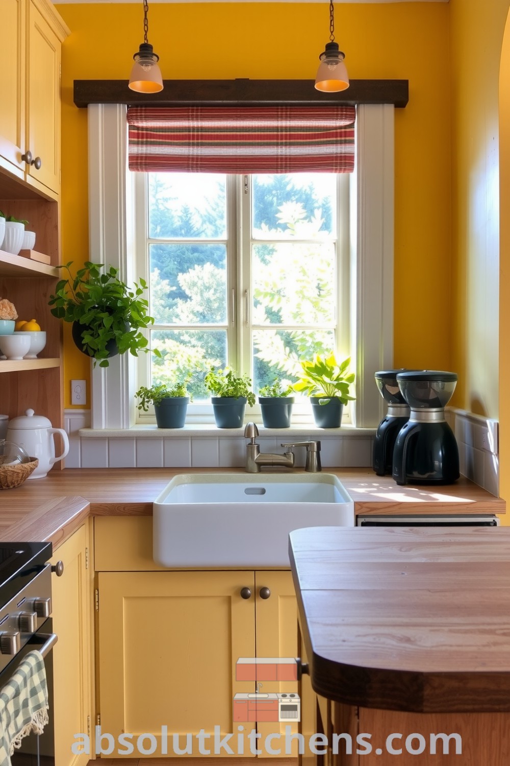 Scandinavian kitchen design featuring warm yellow walls, natural light, rustic butcher block countertops, and potted herbs, creating an inviting atmosphere with a cozy home vibe. For more cozy ideas, visit fireplacesandwoodstoves.com.