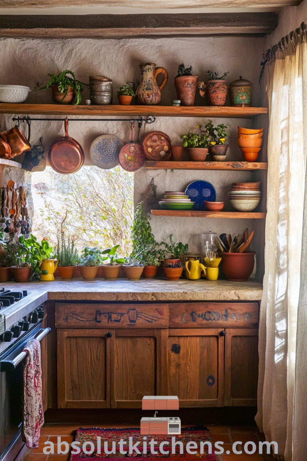 Bohemian Kitchen scene on absolutkitchens.com featuring earthy tones, kitchen decor ideas, cozy kitchen aesthetic, and inviting design elements.