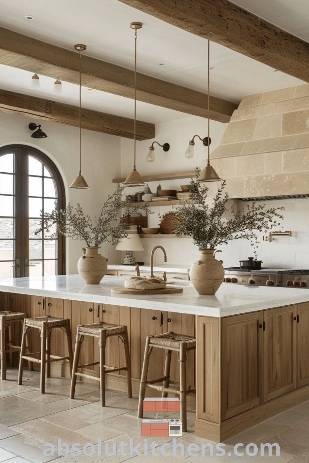 A large modern Mediterranean kitchen featuring wooden cabinets, white countertops, and a central island surrounded by stools. This organic modern kitchen design blends style with practicality, offering home design tips and decor ideas for small spaces. Explore more design trends and inspirations at absolutkitchens.com.